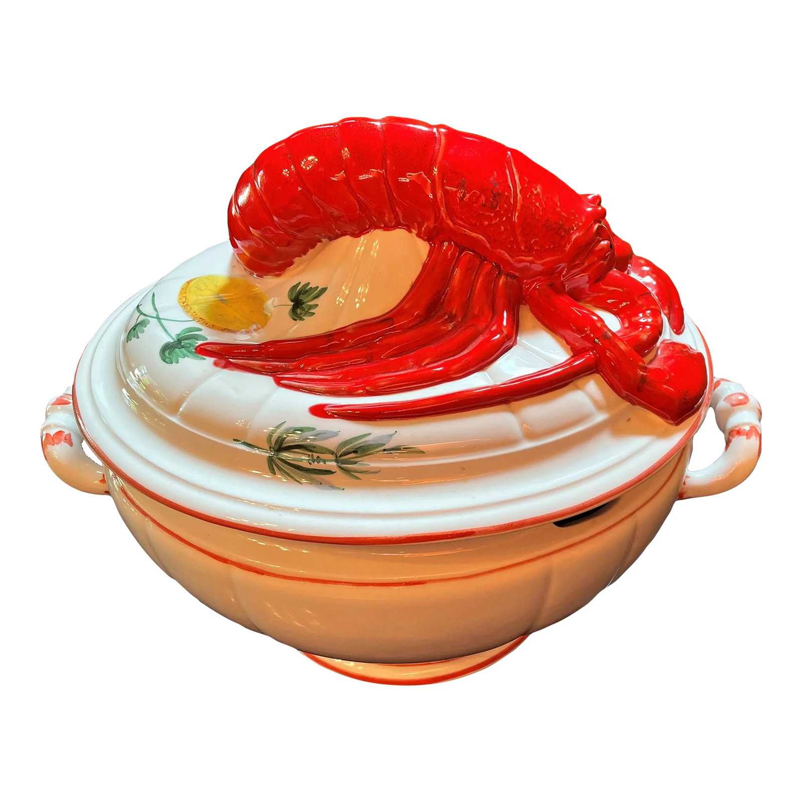 Mid-Century Large Ceramic Lobster-Topped Italian Soup Tureen: Another rare one-of-a-kind find! This lobster-topped soup tureen makes me smile. I'm ready to drop everything and gather my family and friends for a hearty dinner al fresco. This is an artisanal piece