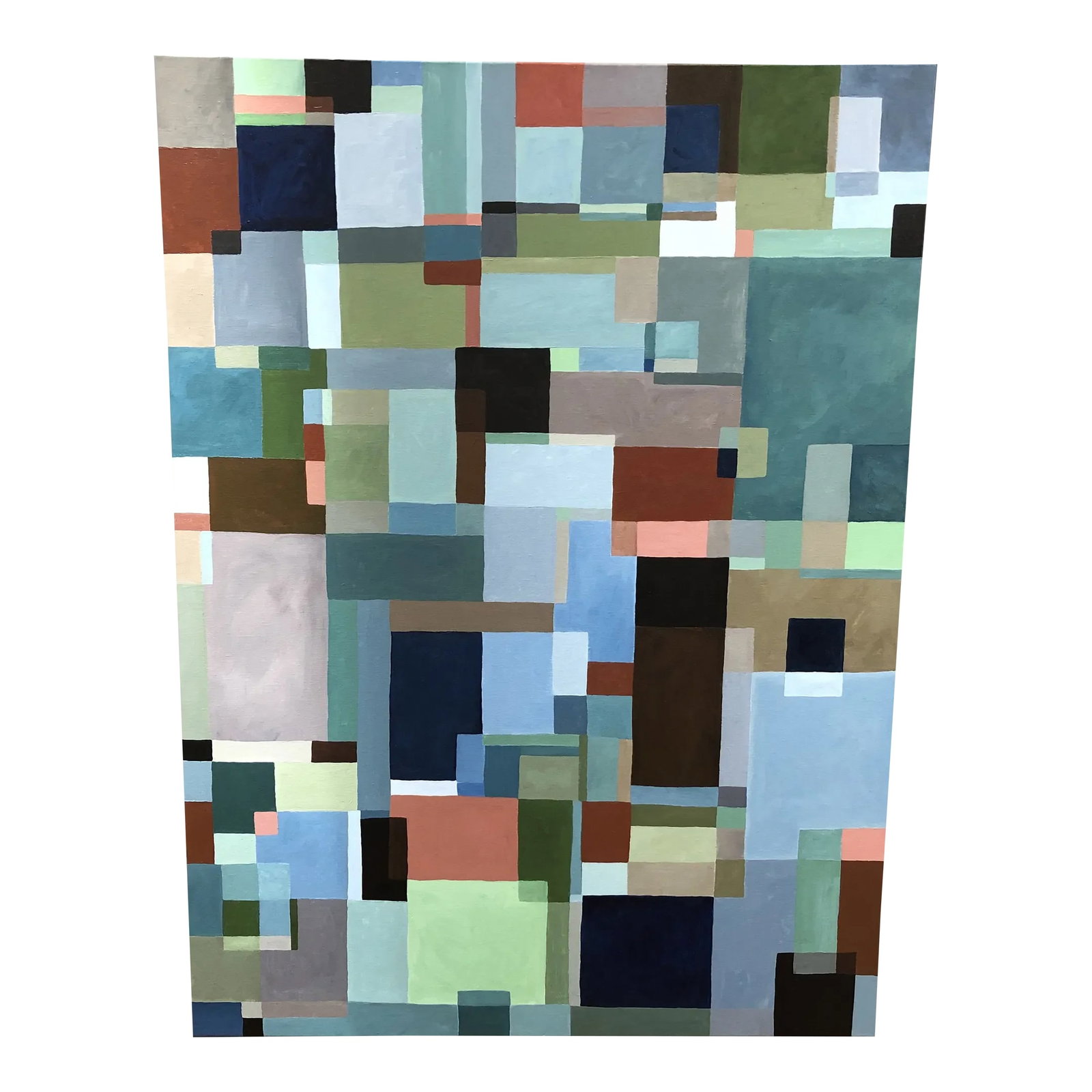 Abstract Painting With Overlapping Rectangles and Squares: Striking large abstract painting with multiple layers of rectangles that overlap and blend in a textural melodic interplay. Colors are muted and earthy with brown, navy, black, celadon, light