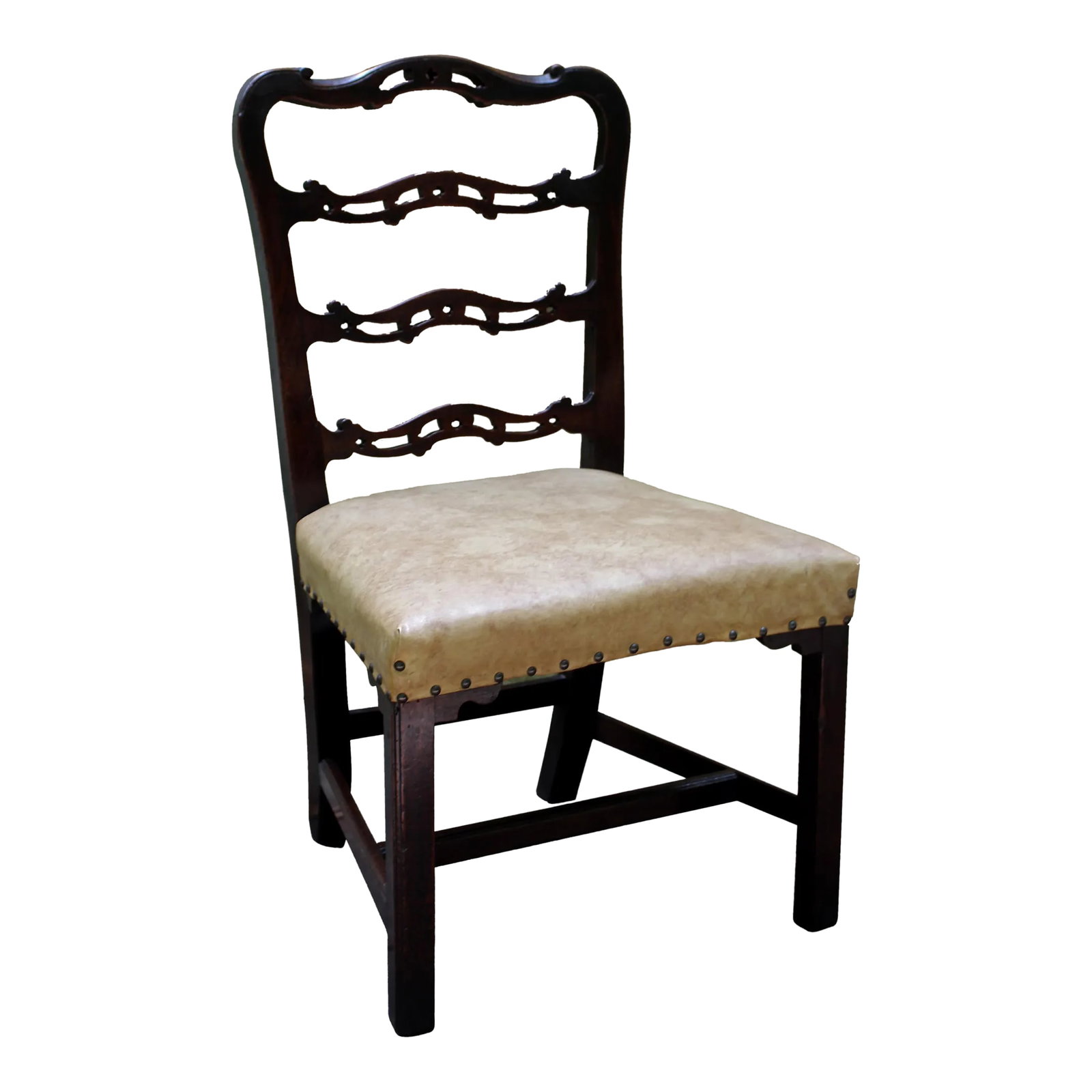 Mid 18th Century English George III Side Chair: A George III side chair of good, sturdy size. English, c.1760, mahogany. The wavy ladder back with Gothic open cut-work typical of Chippendale design. Stretchered, square molded legs with shaped decor