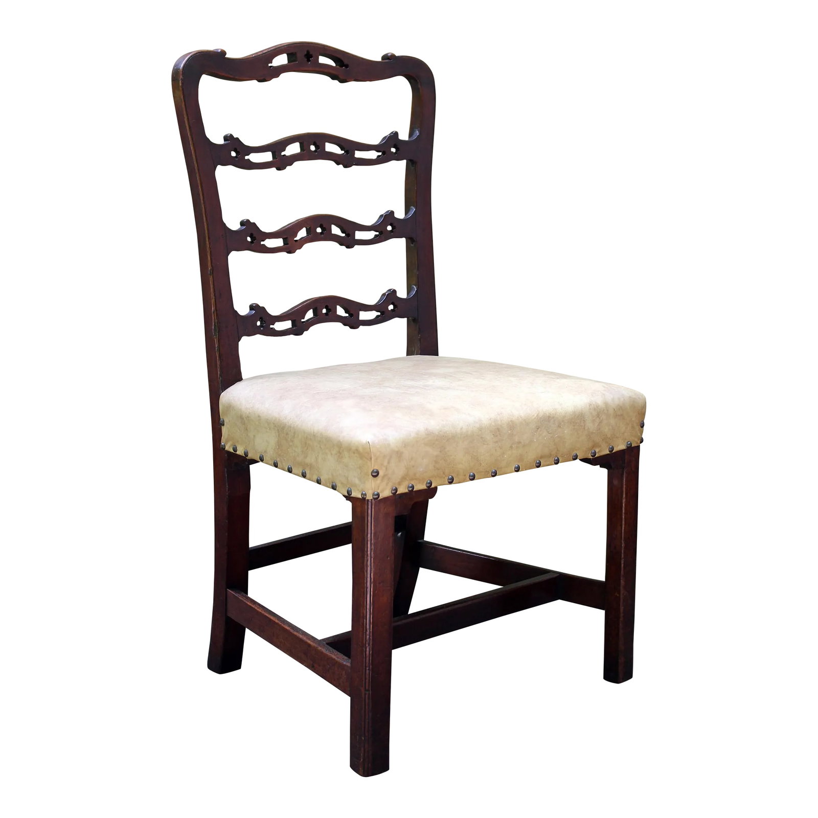 Mid 18th Century English George III Side Chair: A George III side chair of good, sturdy size. English, c.1760, mahogany. The wavy ladder back with Gothic open cut-work typical of Chippendale design. Stretchered, square molded legs with shaped decor
