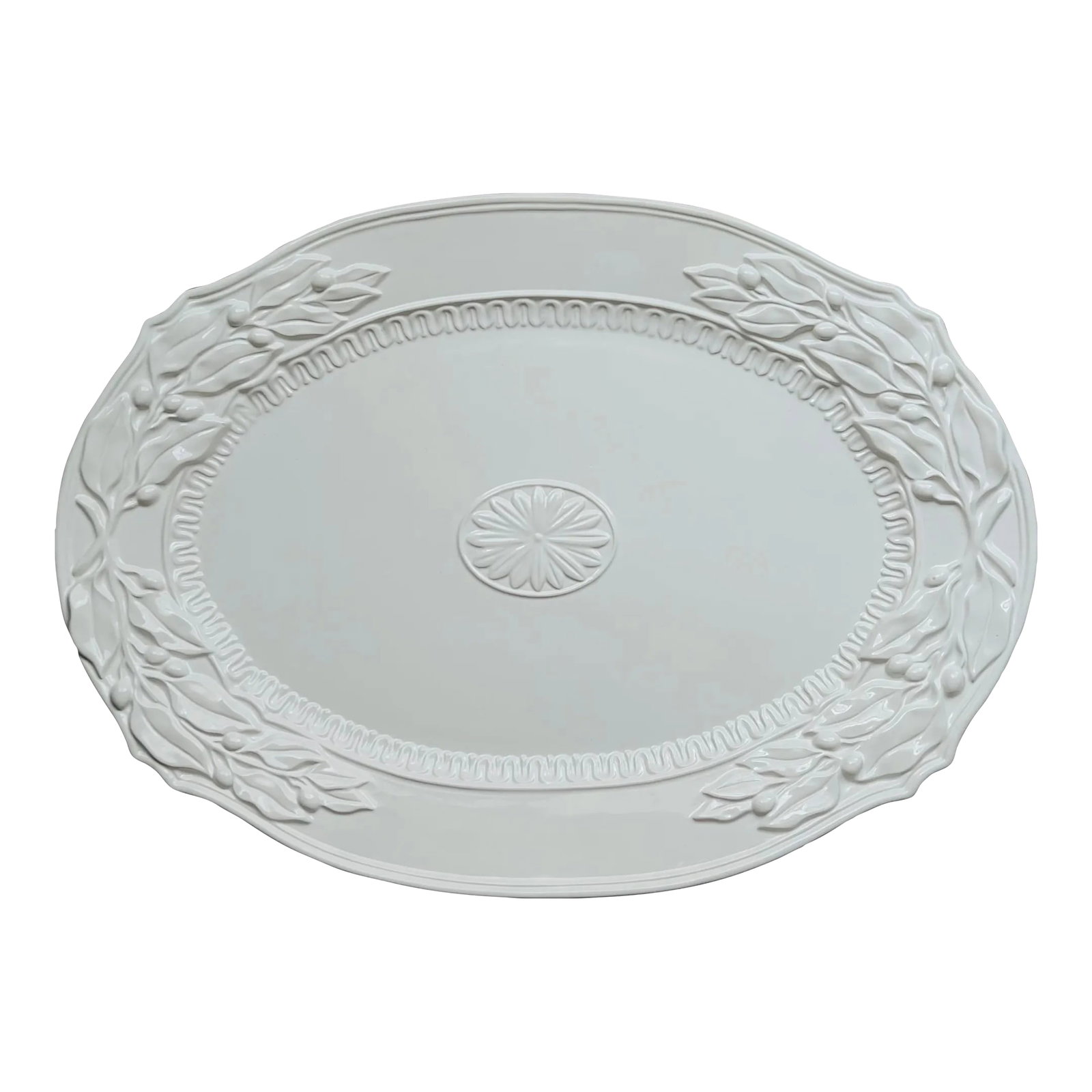 Late 20th Century Fitz and Floyd Château Blanc Platter: Fitz and Floyd Chateau Blanc platter with holly and berries border. Measures 21.5" w x 1" derp x 15.5" high. Has two holes pierced in under rim for easy wall hanging. Condition: Alterations: Original 