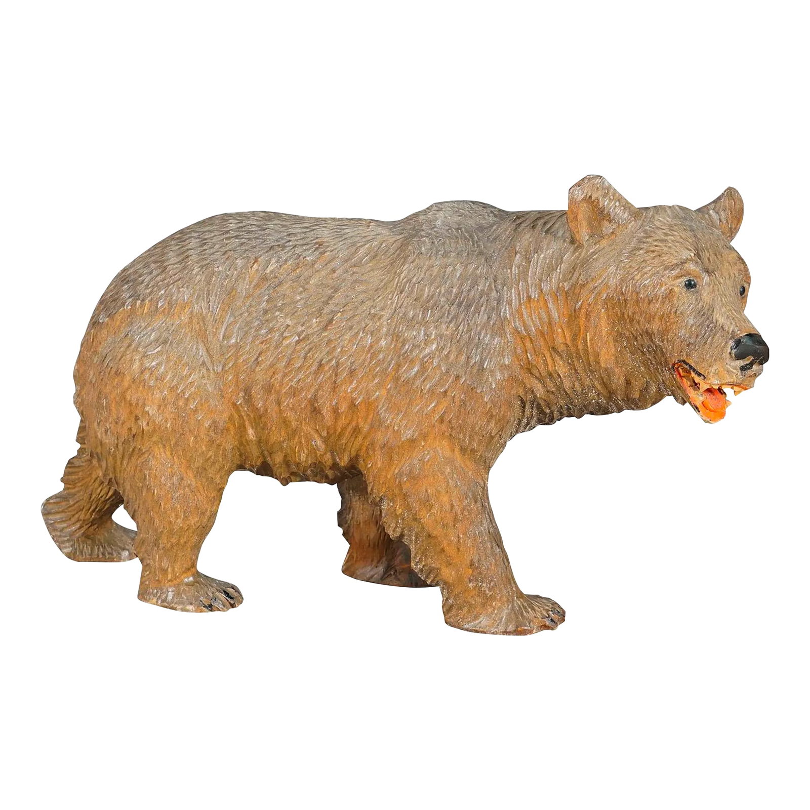 Vintage Wooden Walking Bear Handcarved in Brienz Ca. 1930s: Vintage Wooden Walking Bear Handcarved in Brienz ca. 1930s A vintage statue of a black forest walking bear. Made of lindenwood, finely handcarved with naturalistic details in Brienz, Switzerland ca.