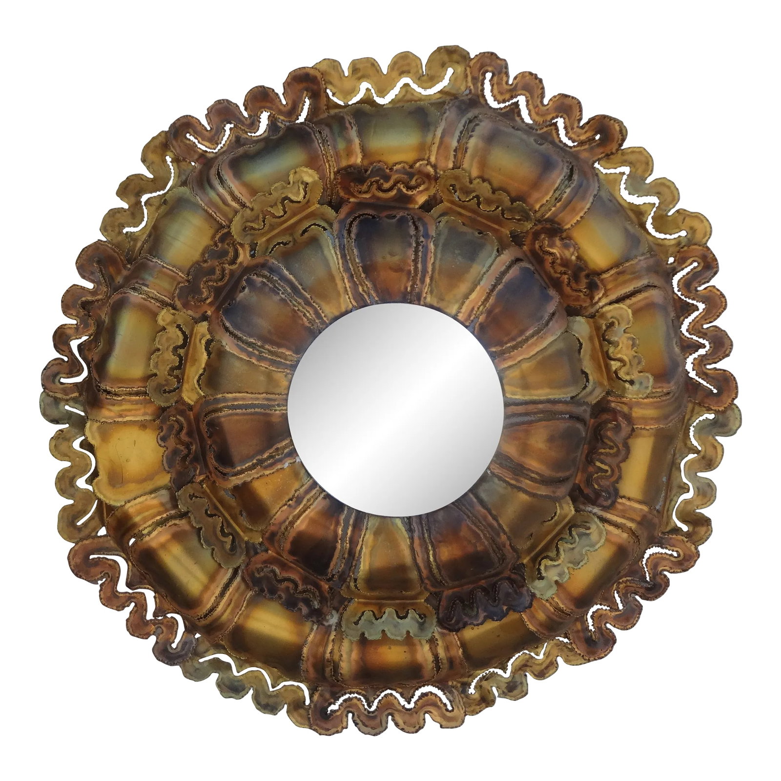 Mid Century Brutalist Torch Cut Mixed Metal Convex Mirror (1 of 9)