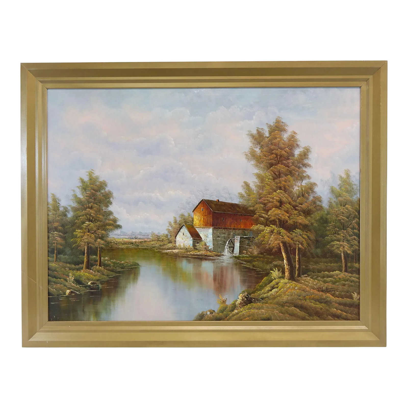 Late 19th Century "The Mill" Rustic Landscape Original Oil on Canvas Painting, Signed, Framed: The Mill, Large Original landscape painting on canvas, signed by artist. Small imperfections on bottom center of canvas, paint is chipped off (see photographs) Condition: Alterations: Original