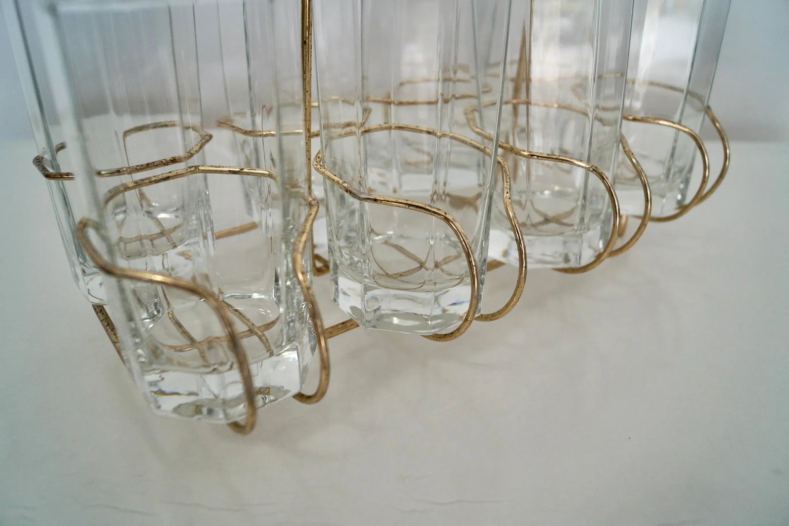 1950's Hollywood Regency Brass Caddy Barware Glass Set - 10