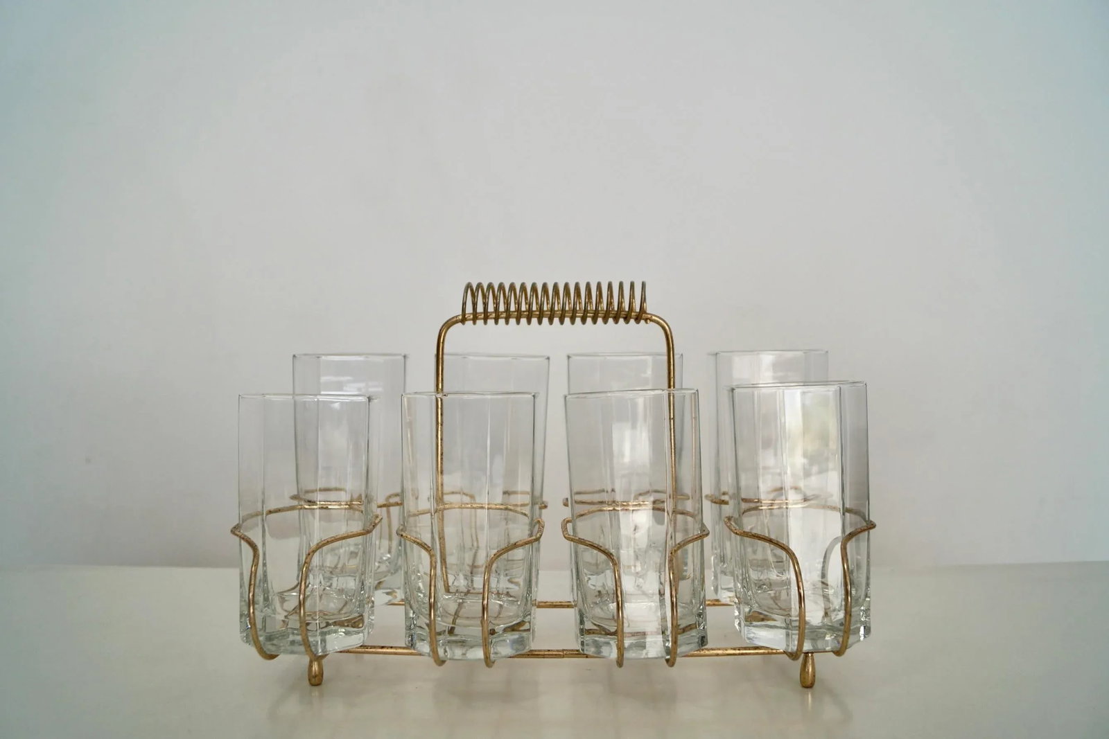 1950's Hollywood Regency Brass Caddy Barware Glass Set - 13