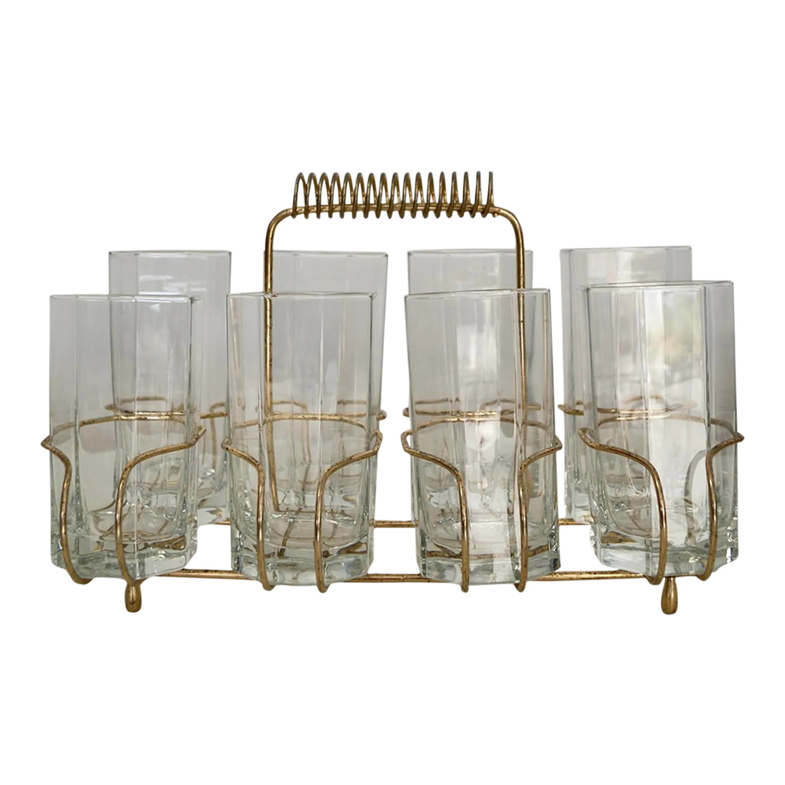 1950's Hollywood Regency Brass Caddy Barware Glass Set (1 of 13)