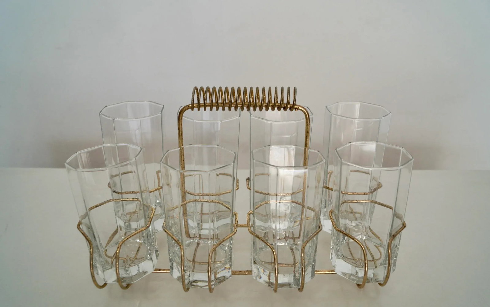 1950's Hollywood Regency Brass Caddy Barware Glass Set - 3