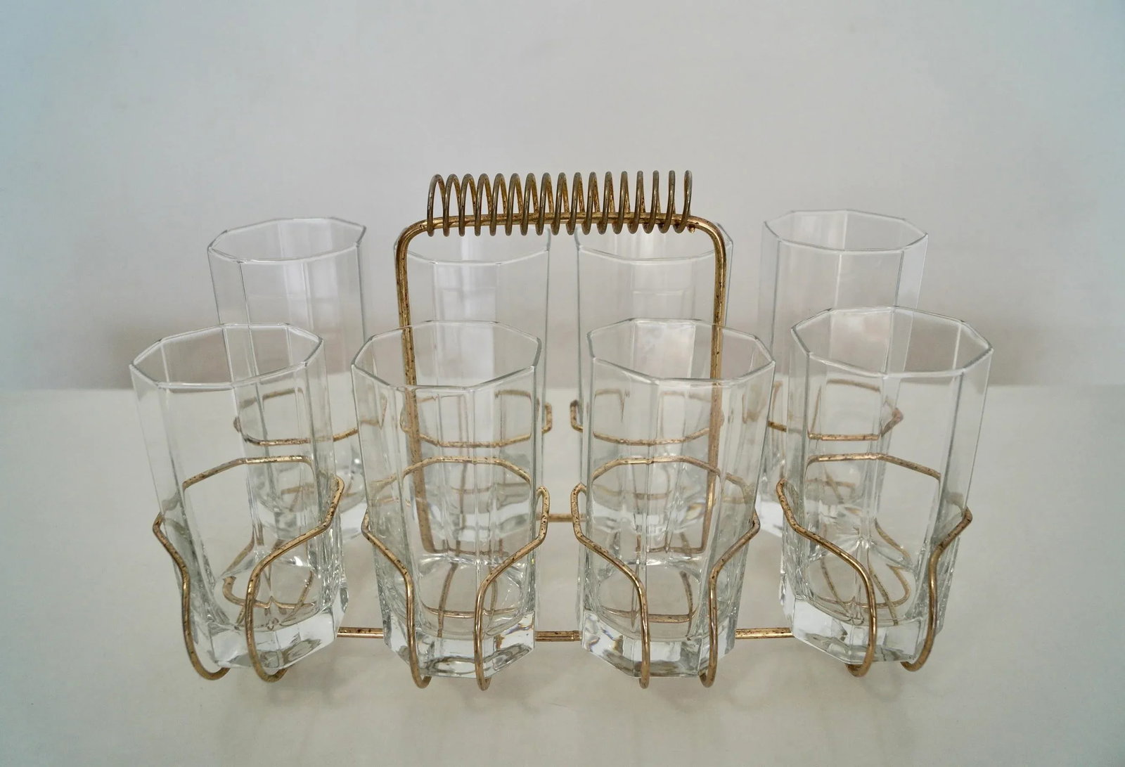 1950's Hollywood Regency Brass Caddy Barware Glass Set - 4