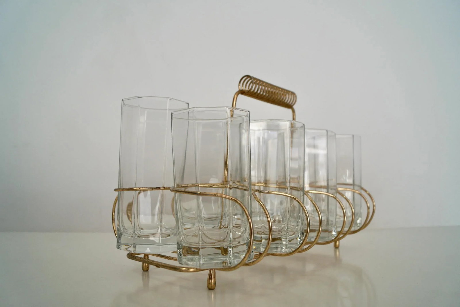 1950's Hollywood Regency Brass Caddy Barware Glass Set - 5