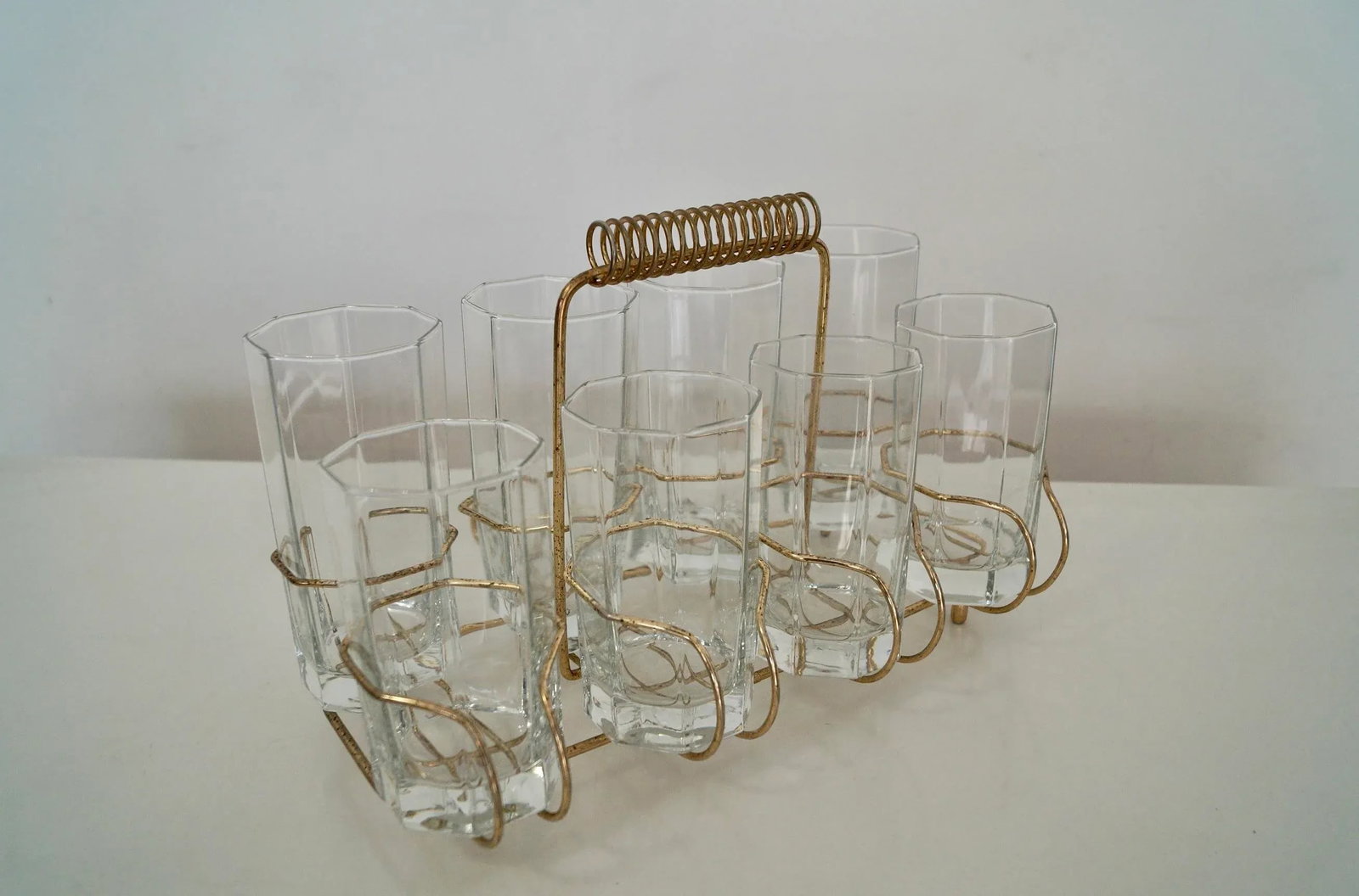 1950's Hollywood Regency Brass Caddy Barware Glass Set - 6