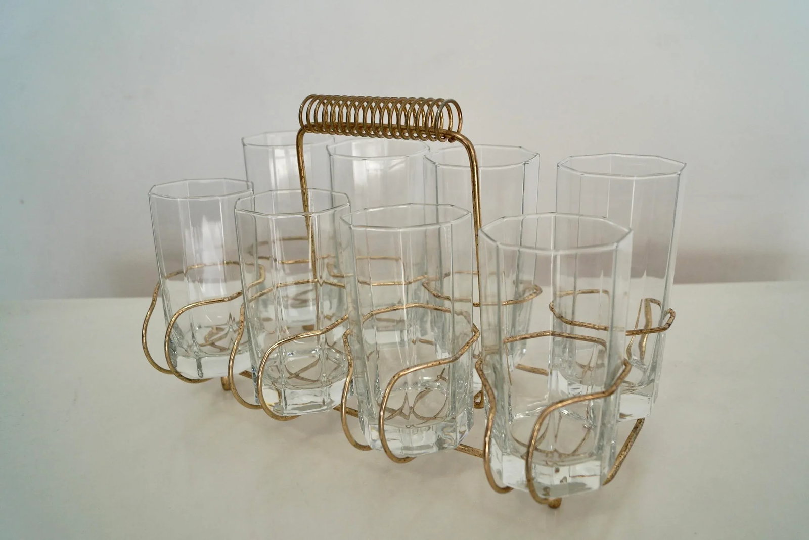 1950's Hollywood Regency Brass Caddy Barware Glass Set - 8
