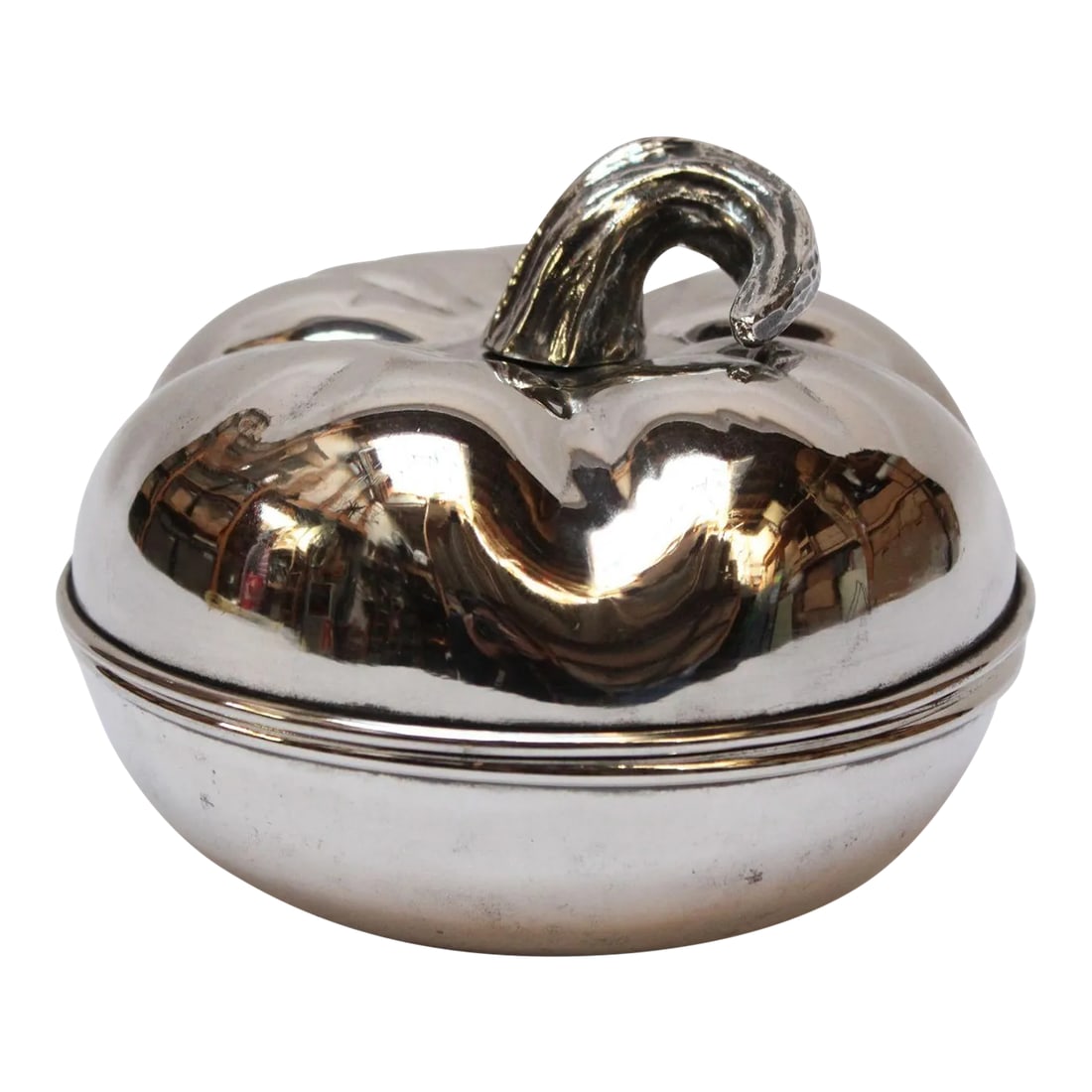 Vintage Italian Silver-Plated "Pumpkin" Lidded Serving/Candy Dish: Italian silver-plated snack/candy/serving dish with lidded top formed to resemble a pumpkin or squash (ca. 1930s/40s, Italy). This is a shorter, uninsulated version of fruit and vegetable-formed ice b