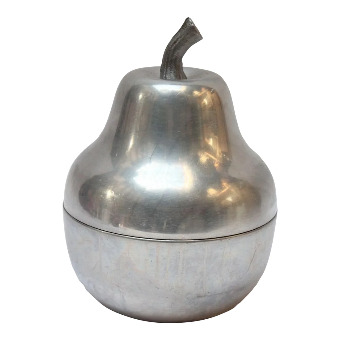 Mid-Century Italian Modern Aluminum "Pear" Ice Bucket: Mid-Century Italian Modern aluminum 'pear-form' ice bucket with white plastic insulated bucket (ca. late 1960s/early 1970s, Italy). Features a textured, sculptural stem decoration that serves as the