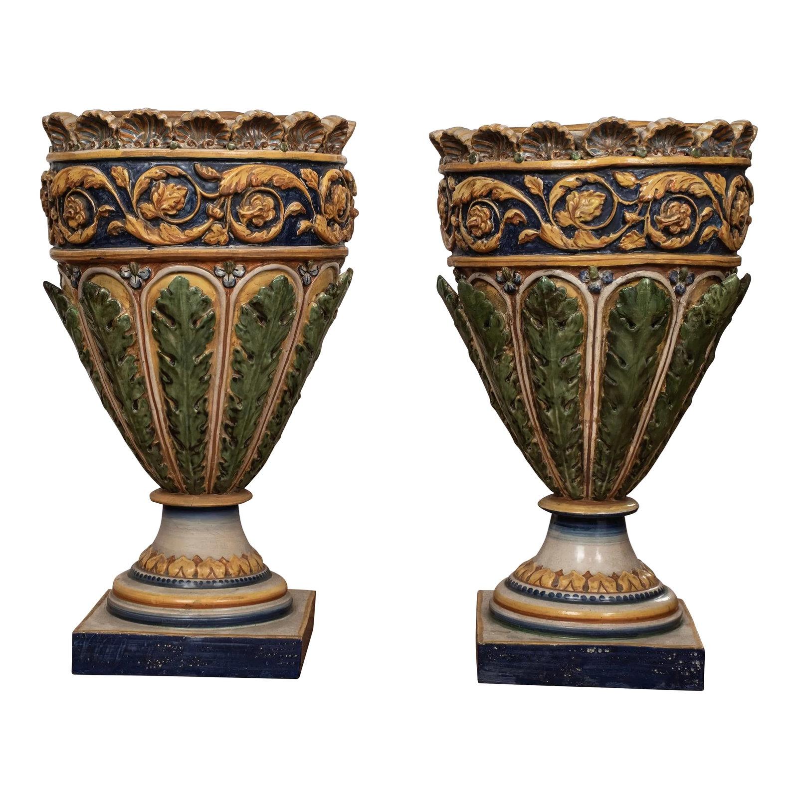 Pair of Italian Glazed Terracotta Urns or Planters: Pair of Italian Glazed Terracotta urns or planters. This stunning pair of Italian glazed terracotta urns, planters or jardinieres are from the Amalfi coast and feature beautiful blues, golds, green