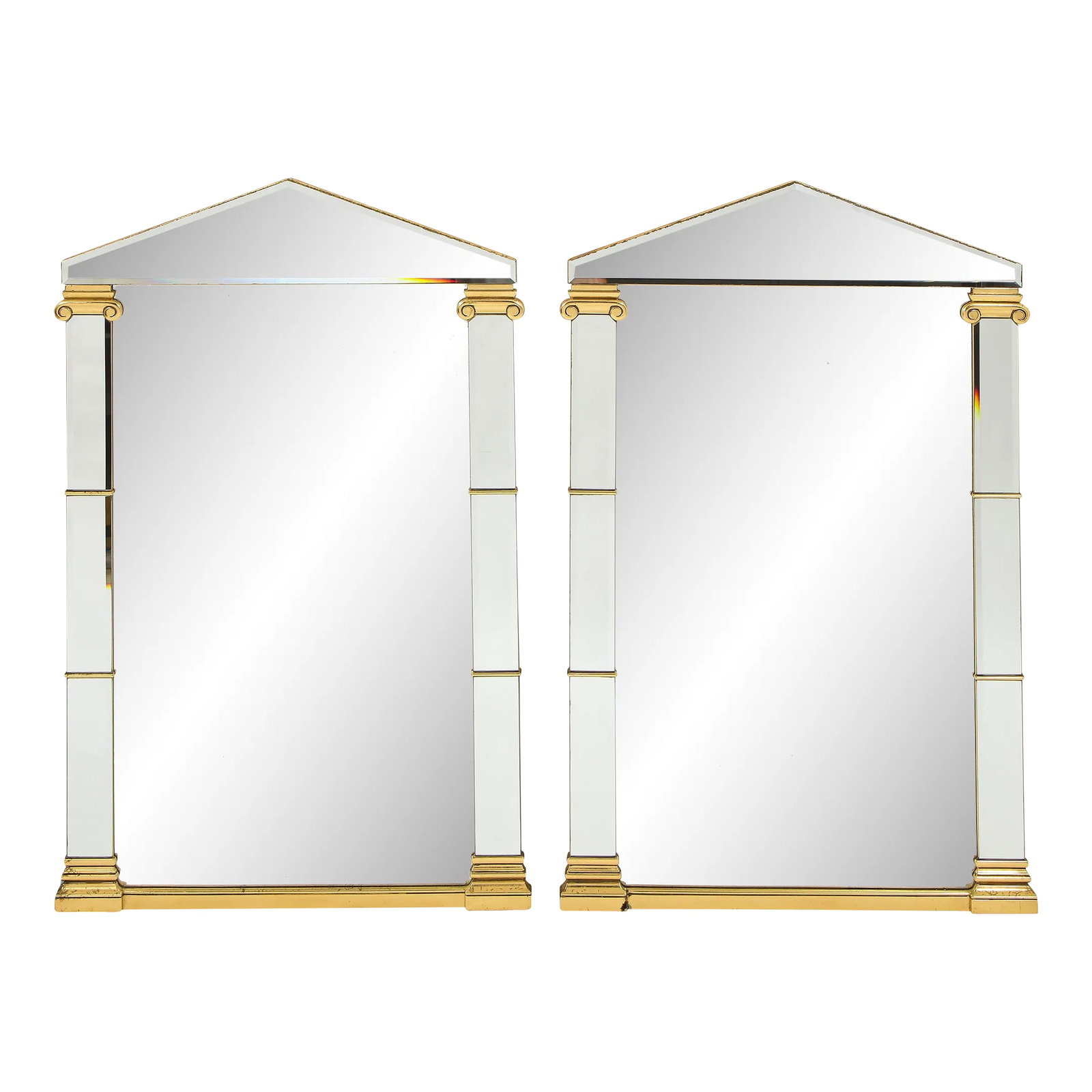 Pair of 20th Century French Neoclassical Mirrors With Gilt Accents: Pair of French 1980s Neoclassical Roman Temple shaped "Parclose" mirrors with gilt wood accents, in the style of Maison Romeo. In good vintage condition. Condition: Alterations: Original Condition