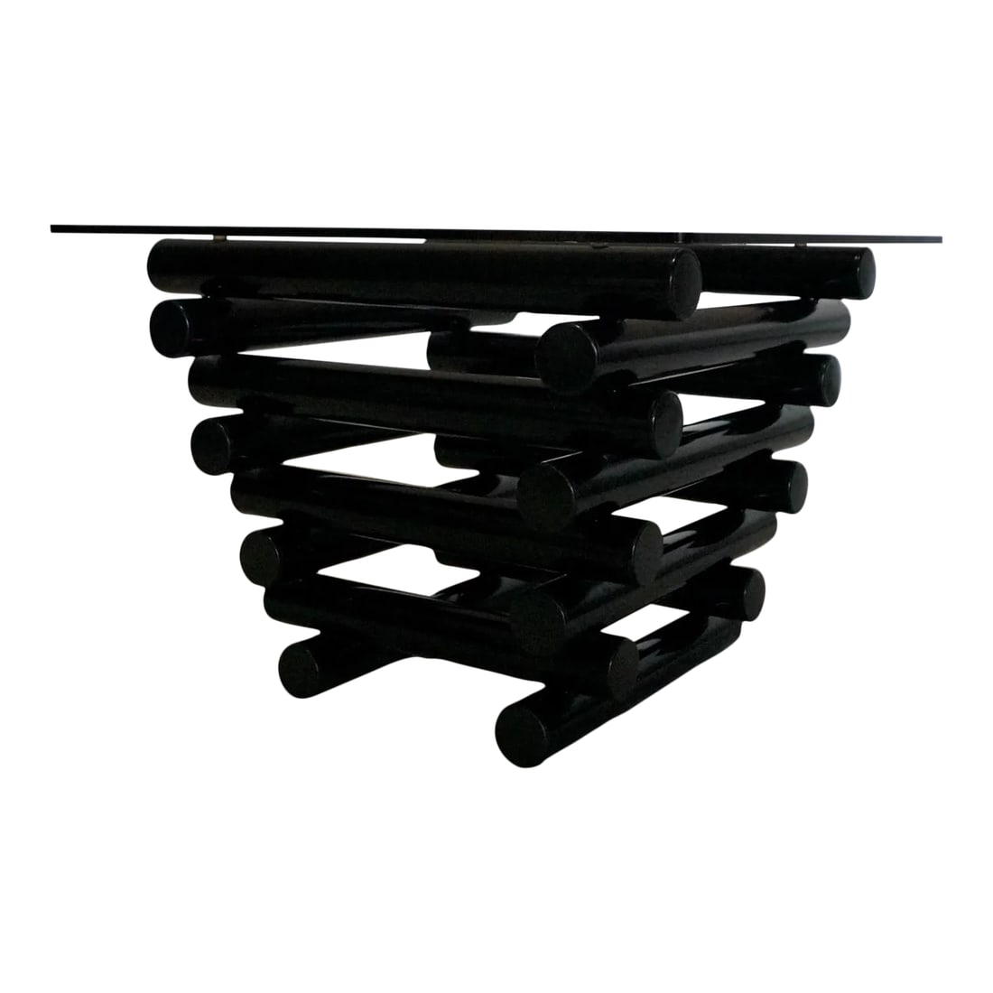 1980's Postmodern Stacked Tubular Metal Side Table: Vintage post-modern side table for sale. Awesome stacked tubular metal design with a smoked glass top and rounded edges. The base is really solid and well made, and is reversible. Great design and sty