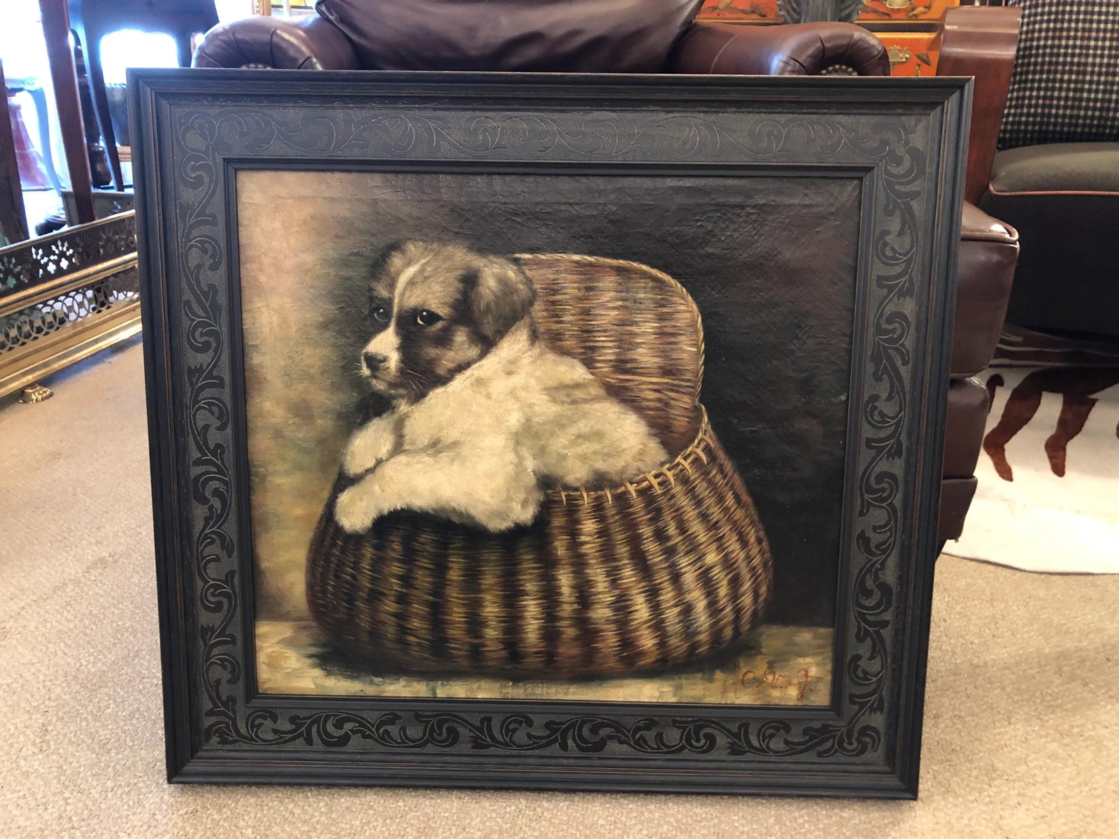 Original Antique Painting of Puppy in a Basket - 10