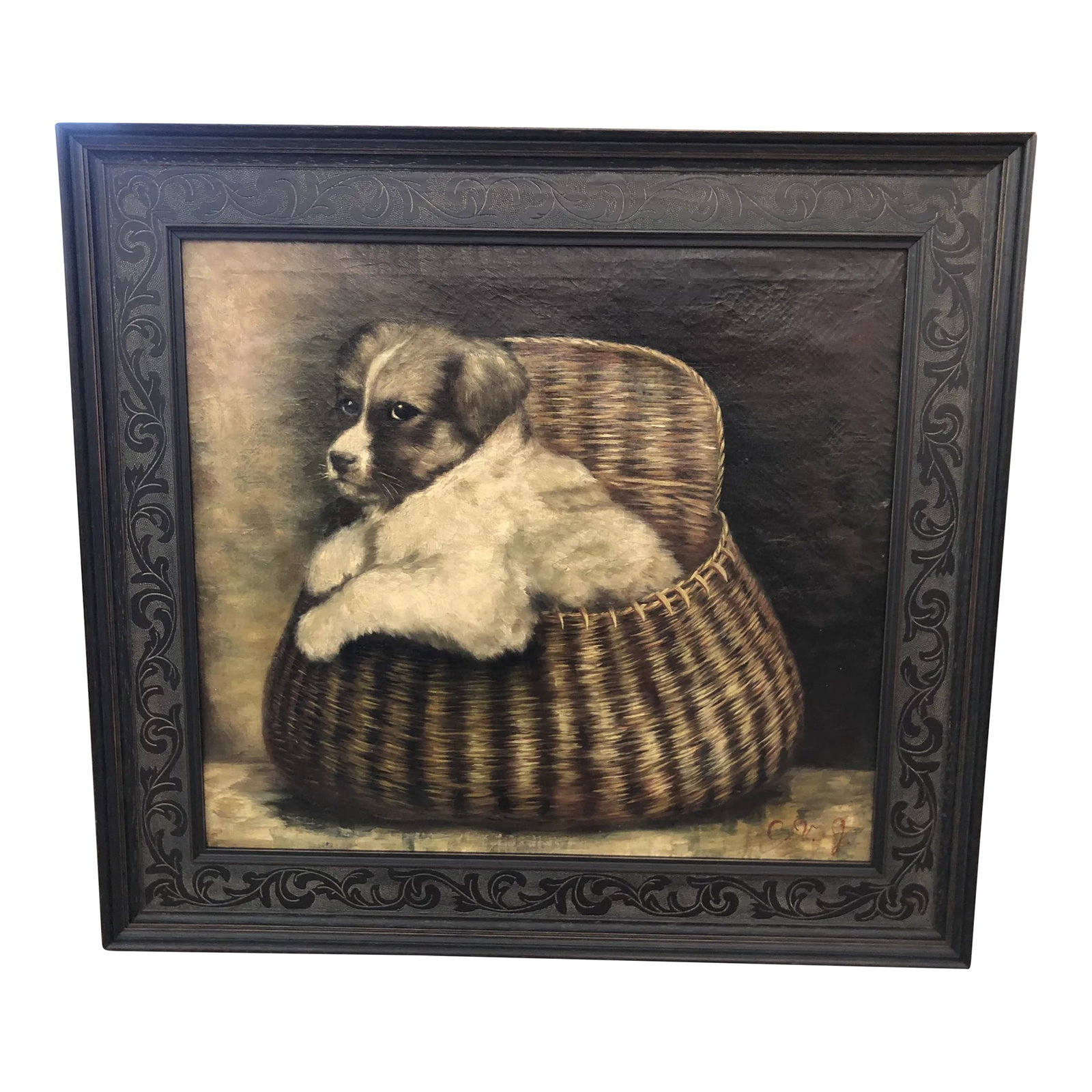 Original Antique Painting of Puppy in a Basket: Irresistible beautifully rendered original painting from the 1800s of a black and white puppy in a basket. The spare color palette and dark background are striking, and the new custom frame