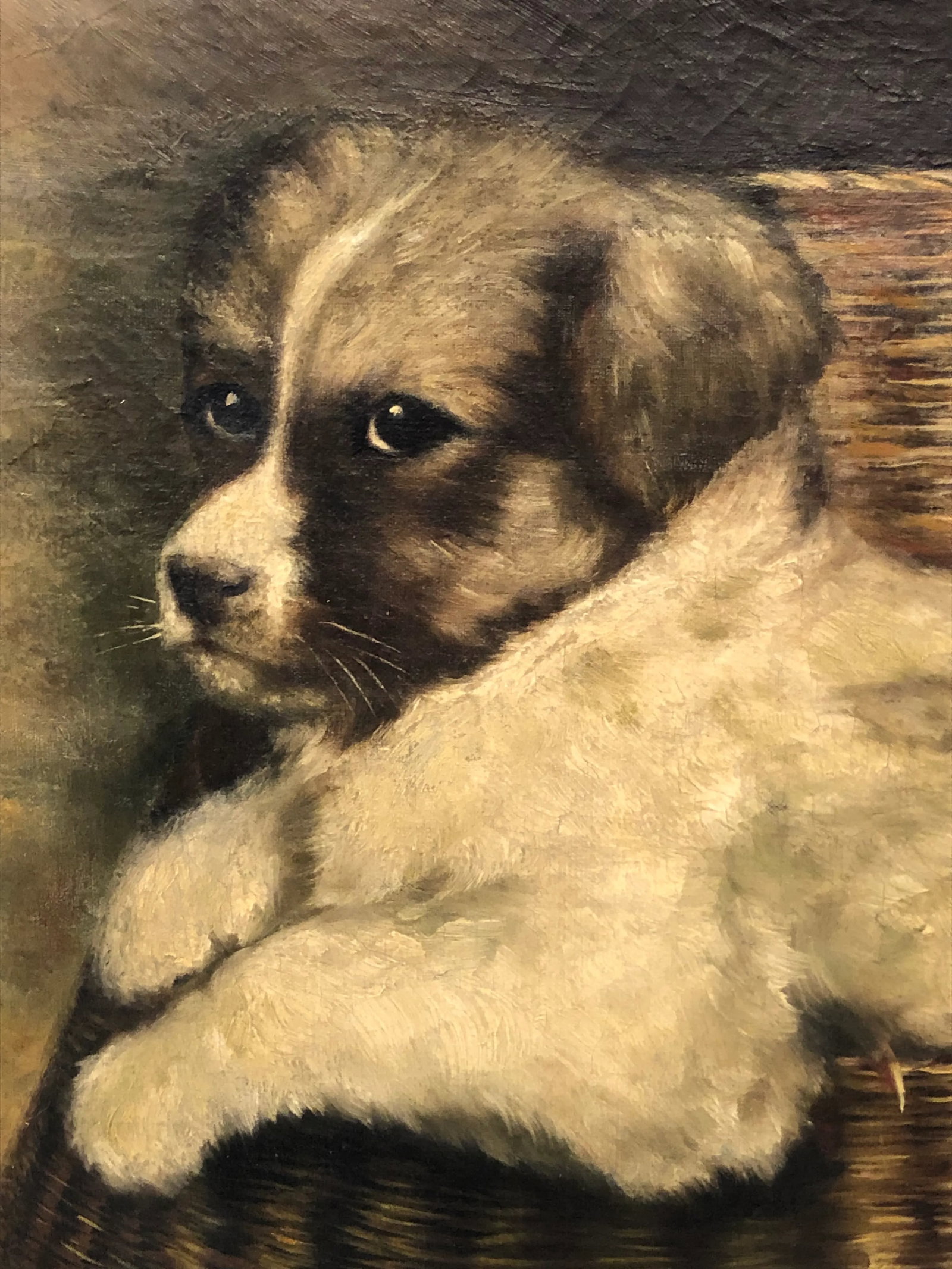 Original Antique Painting of Puppy in a Basket - 2