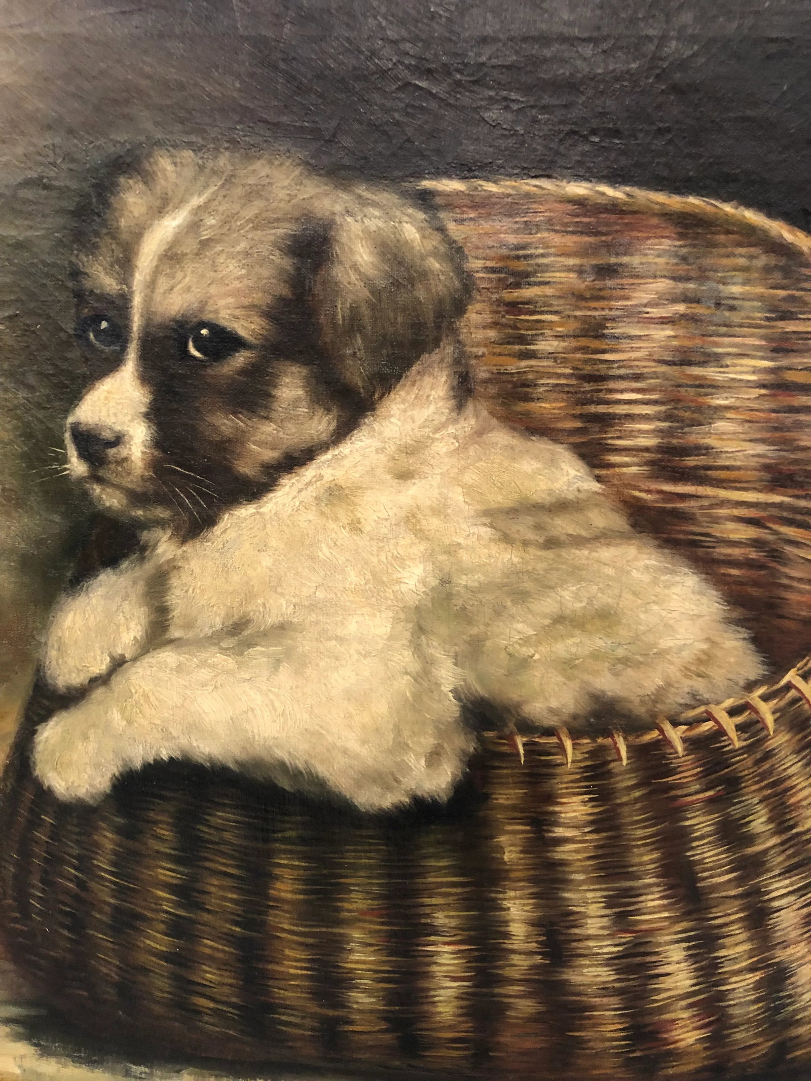 Original Antique Painting of Puppy in a Basket - 3