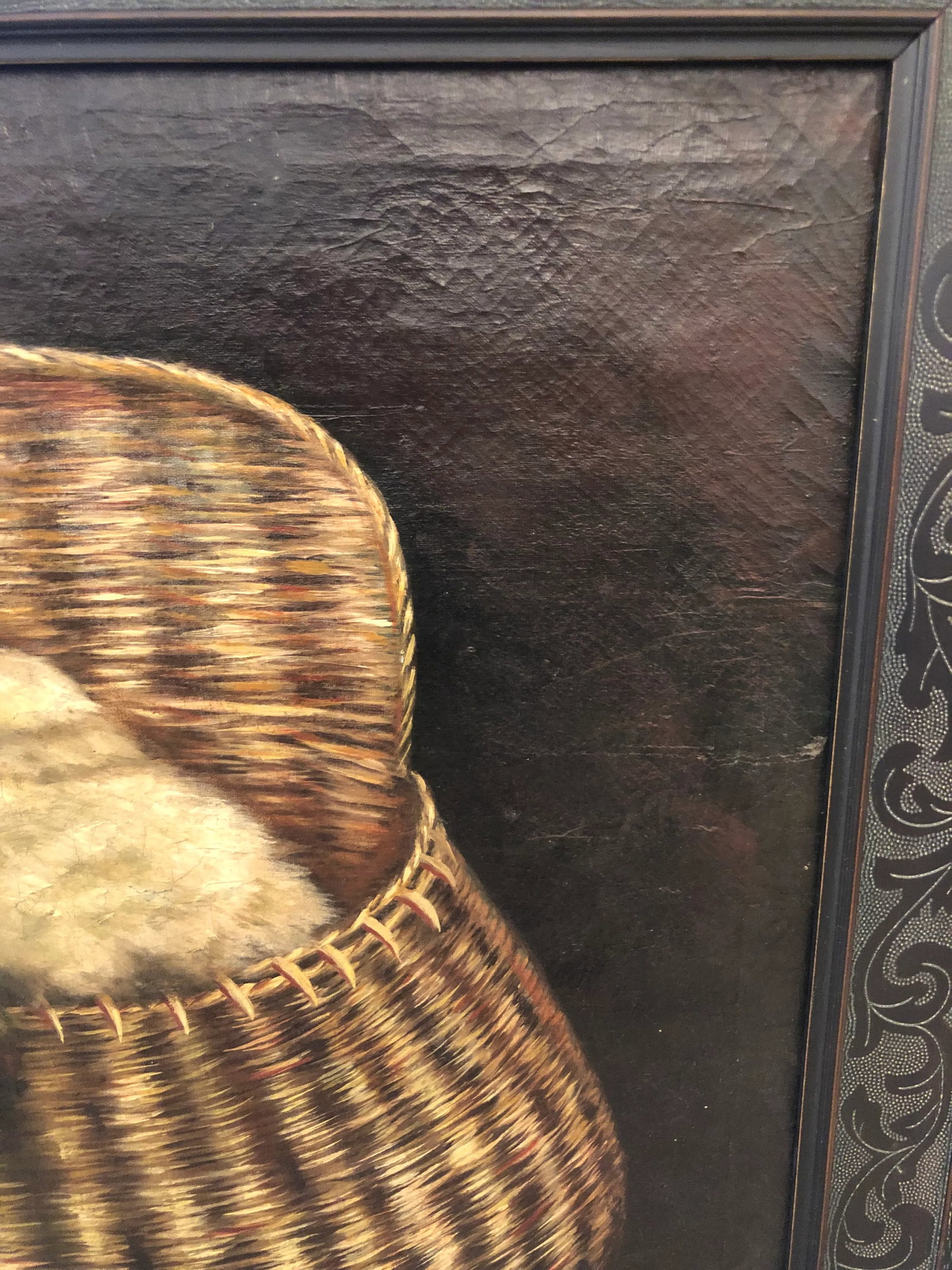 Original Antique Painting of Puppy in a Basket - 6