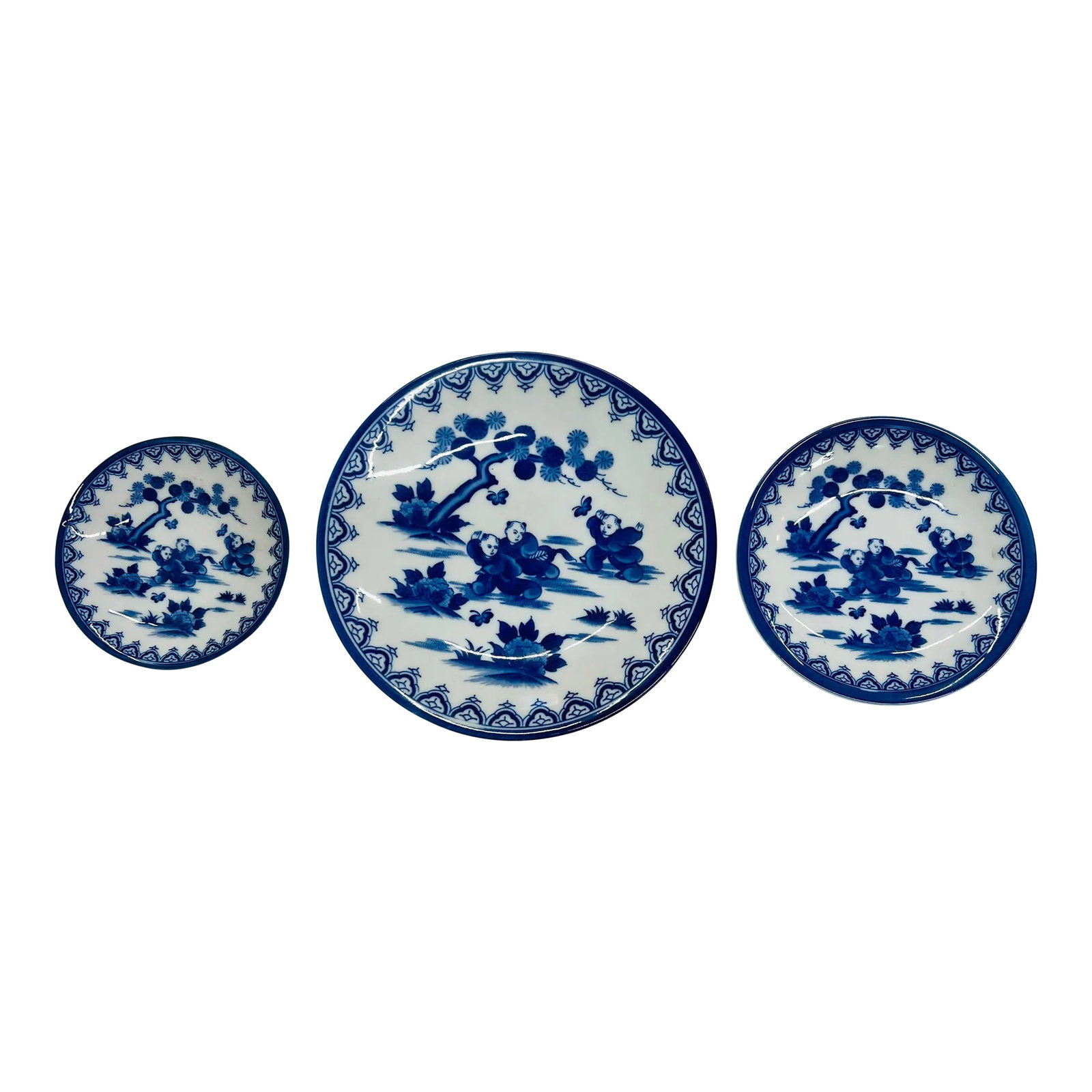Vintage Japanese Hirado Porcelain Karako Boys Chasing Butterflies Plates- Set of 3: Set of three, 6.5", 4.5" and 4" Hirado Japanese plates with scene of boys chasing butterflies. Perfect fillers for plate walls or display with collections. Condition: Alterations: Original Condition U