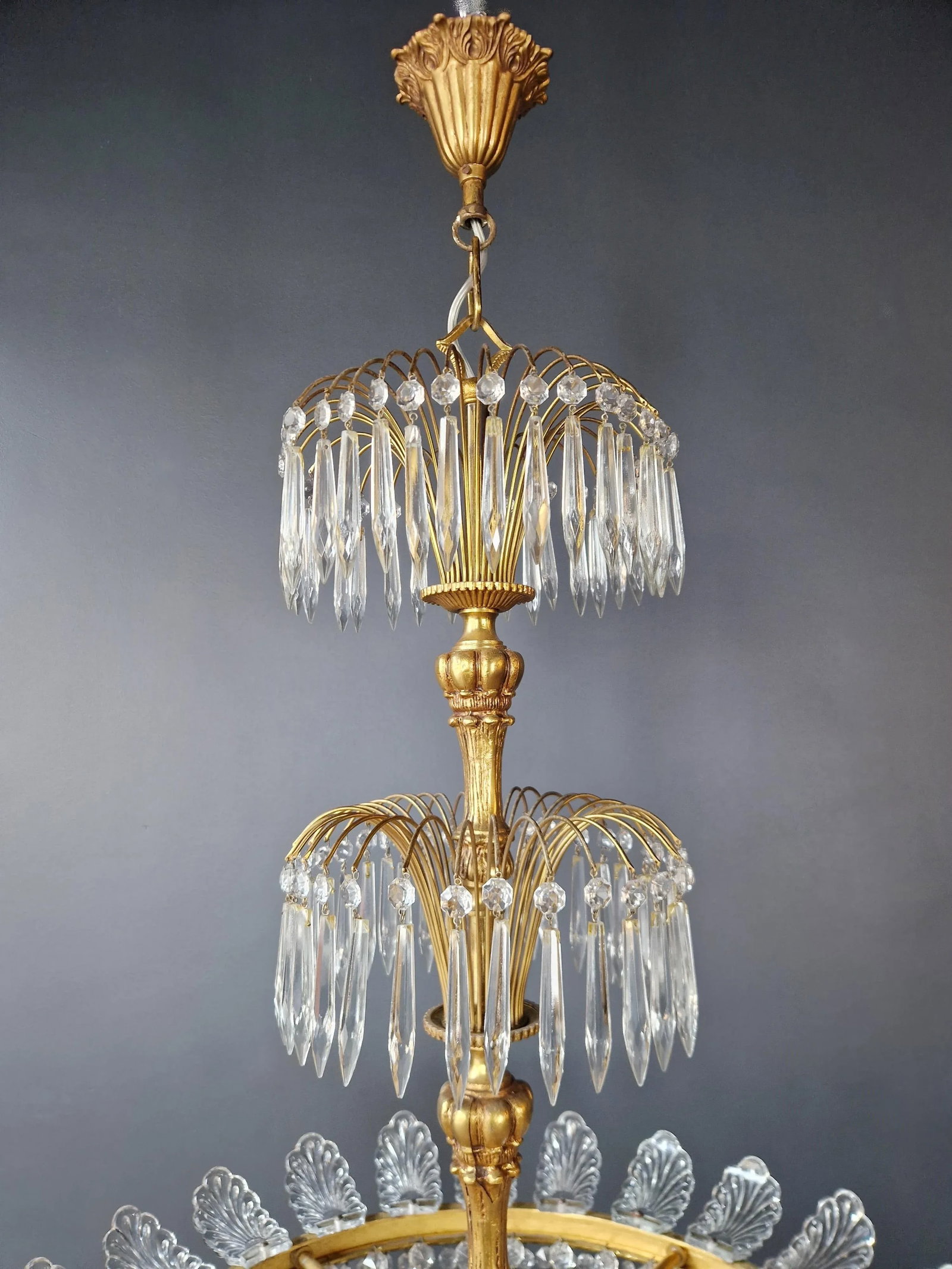 Pair 1930s Empire Brass Sac a Pearl Lustre Crystal Basket Chandeliers - 10
