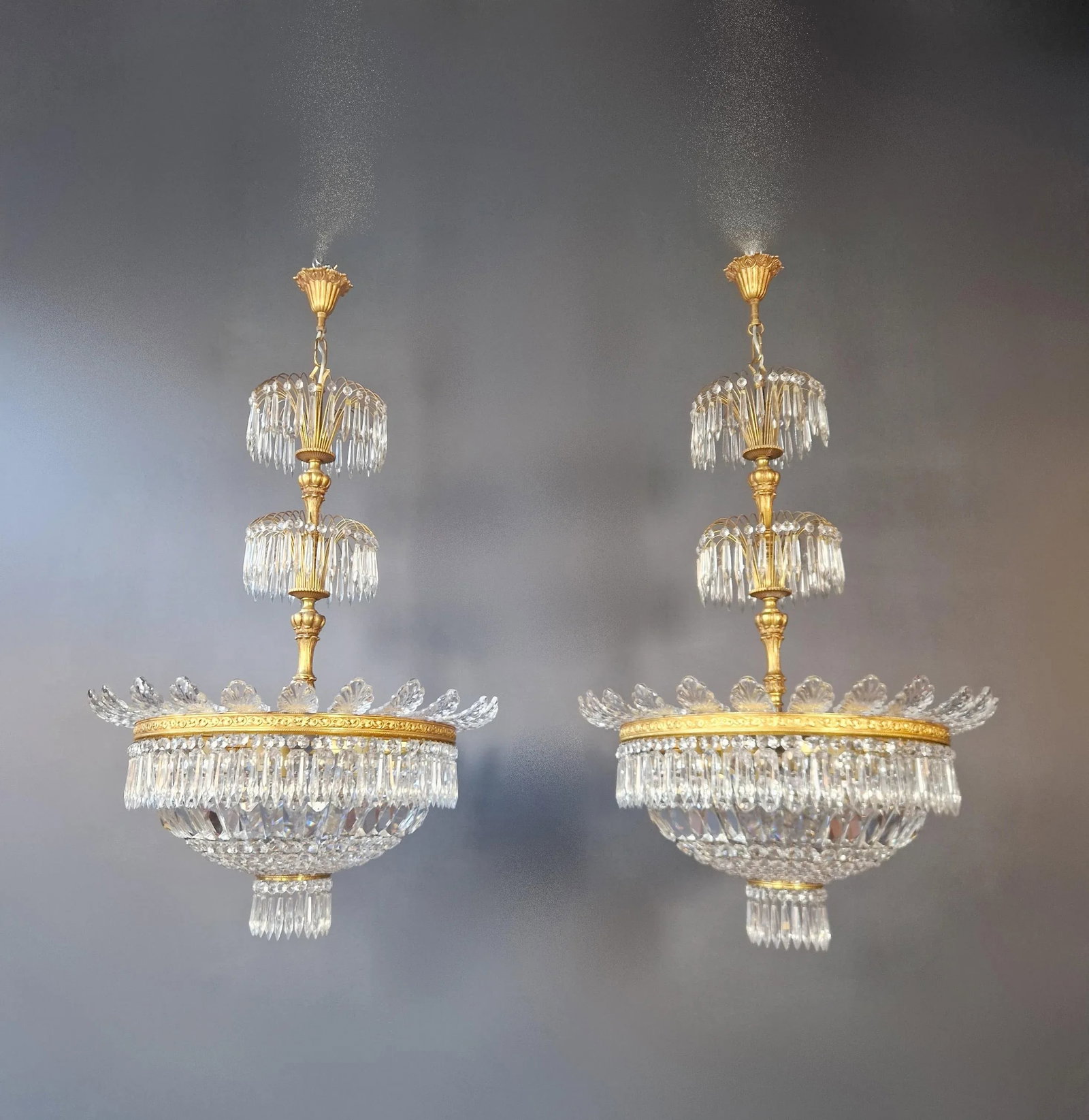 Pair 1930s Empire Brass Sac a Pearl Lustre Crystal Basket Chandeliers - 11