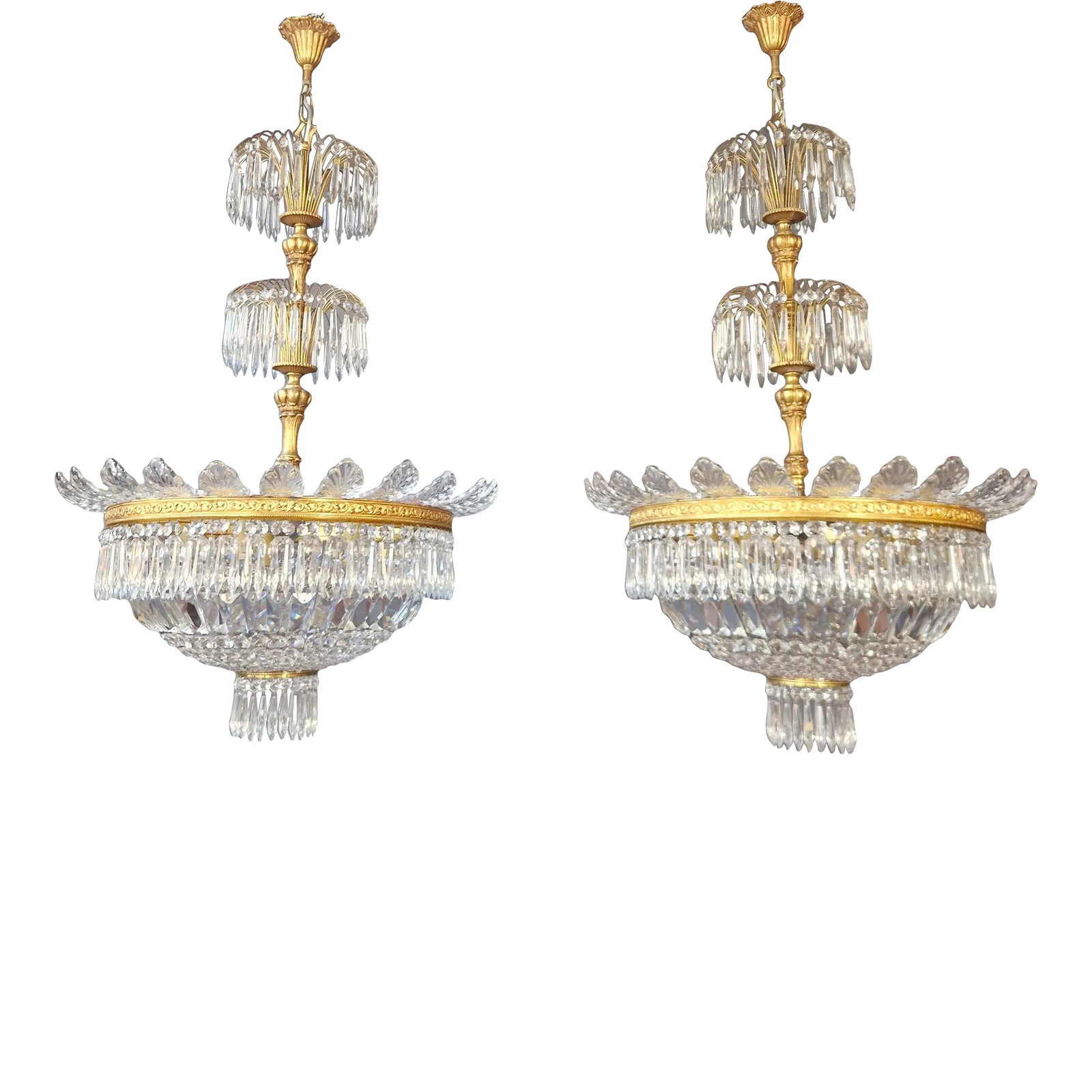 Pair 1930s Empire Brass Sac a Pearl Lustre Crystal Basket Chandeliers: Introducing a captivating pair of basket chandeliers that emanate timeless allure and grace. This duo, perfectly matched in form and design, stands as a harmonious testament to elegance. The cabling a