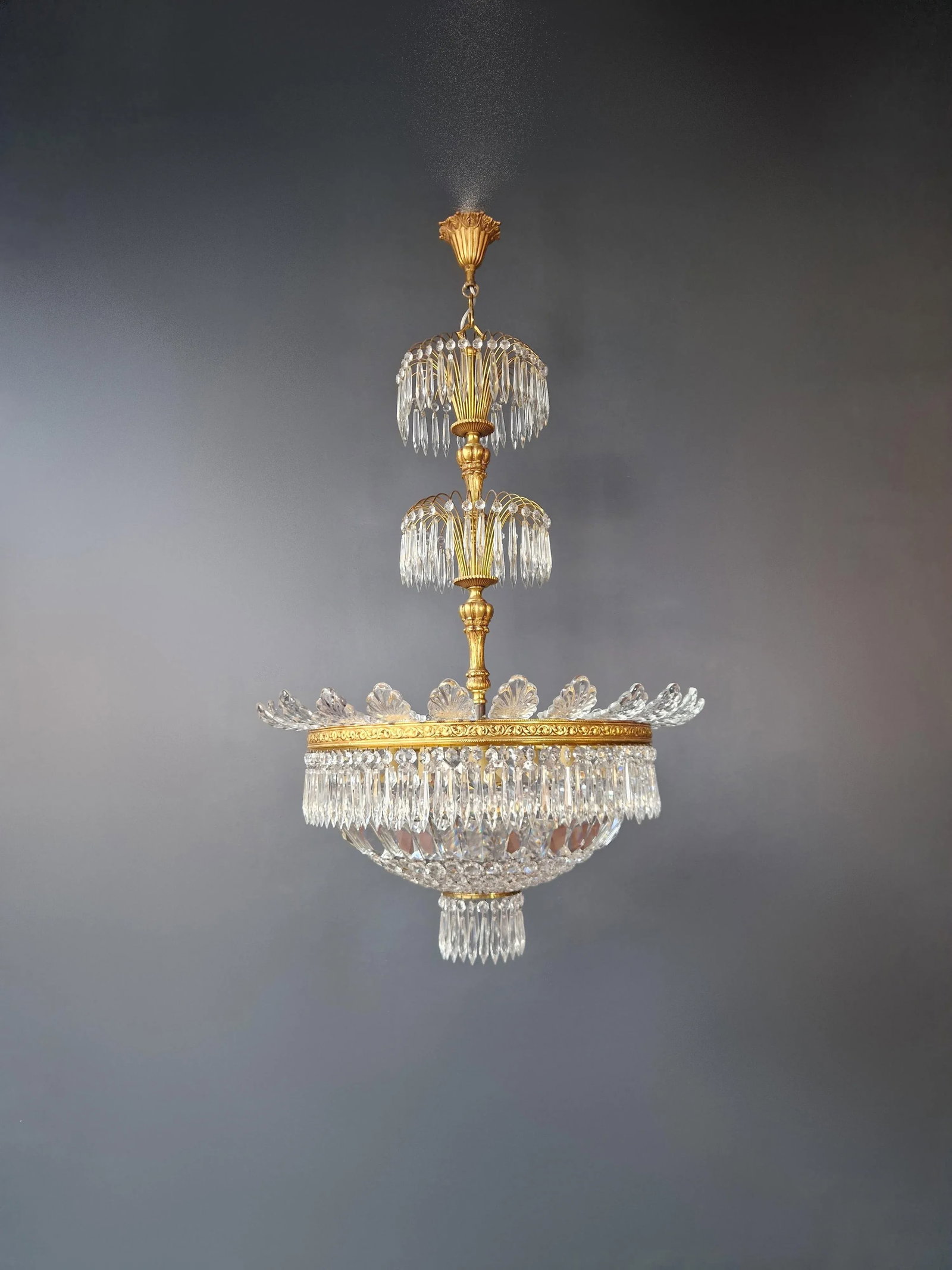 Pair 1930s Empire Brass Sac a Pearl Lustre Crystal Basket Chandeliers - 2
