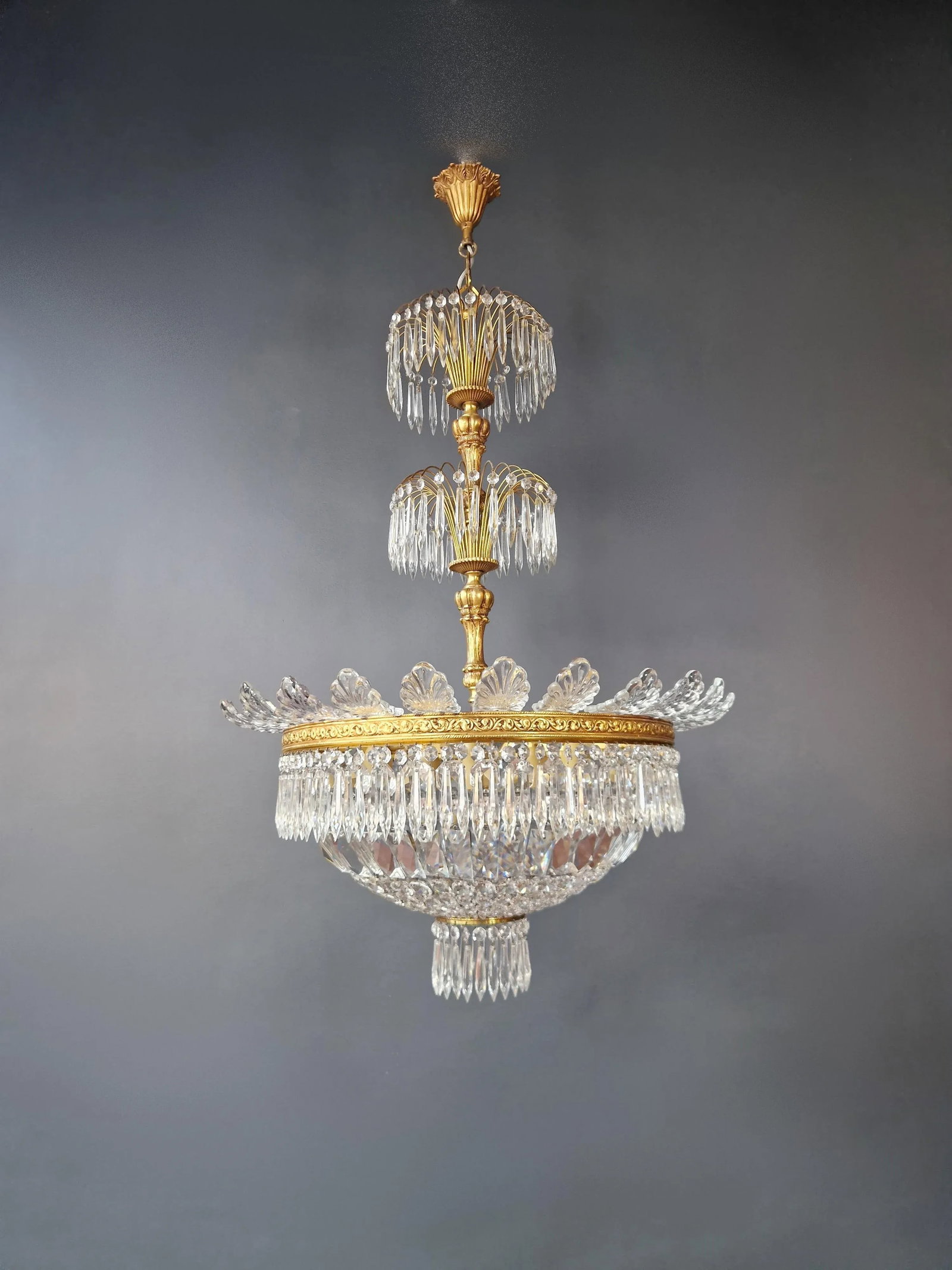Pair 1930s Empire Brass Sac a Pearl Lustre Crystal Basket Chandeliers - 3