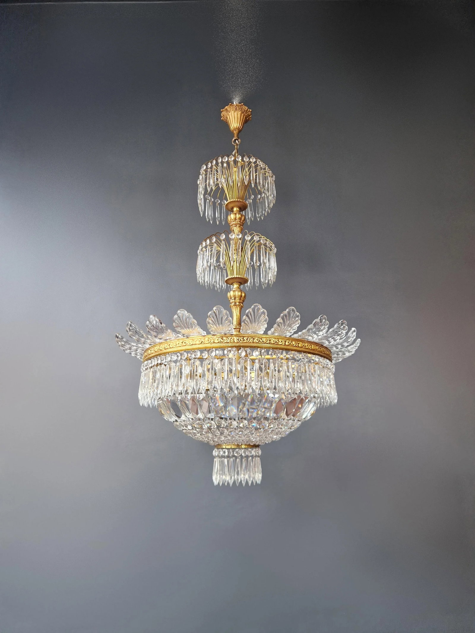 Pair 1930s Empire Brass Sac a Pearl Lustre Crystal Basket Chandeliers - 4