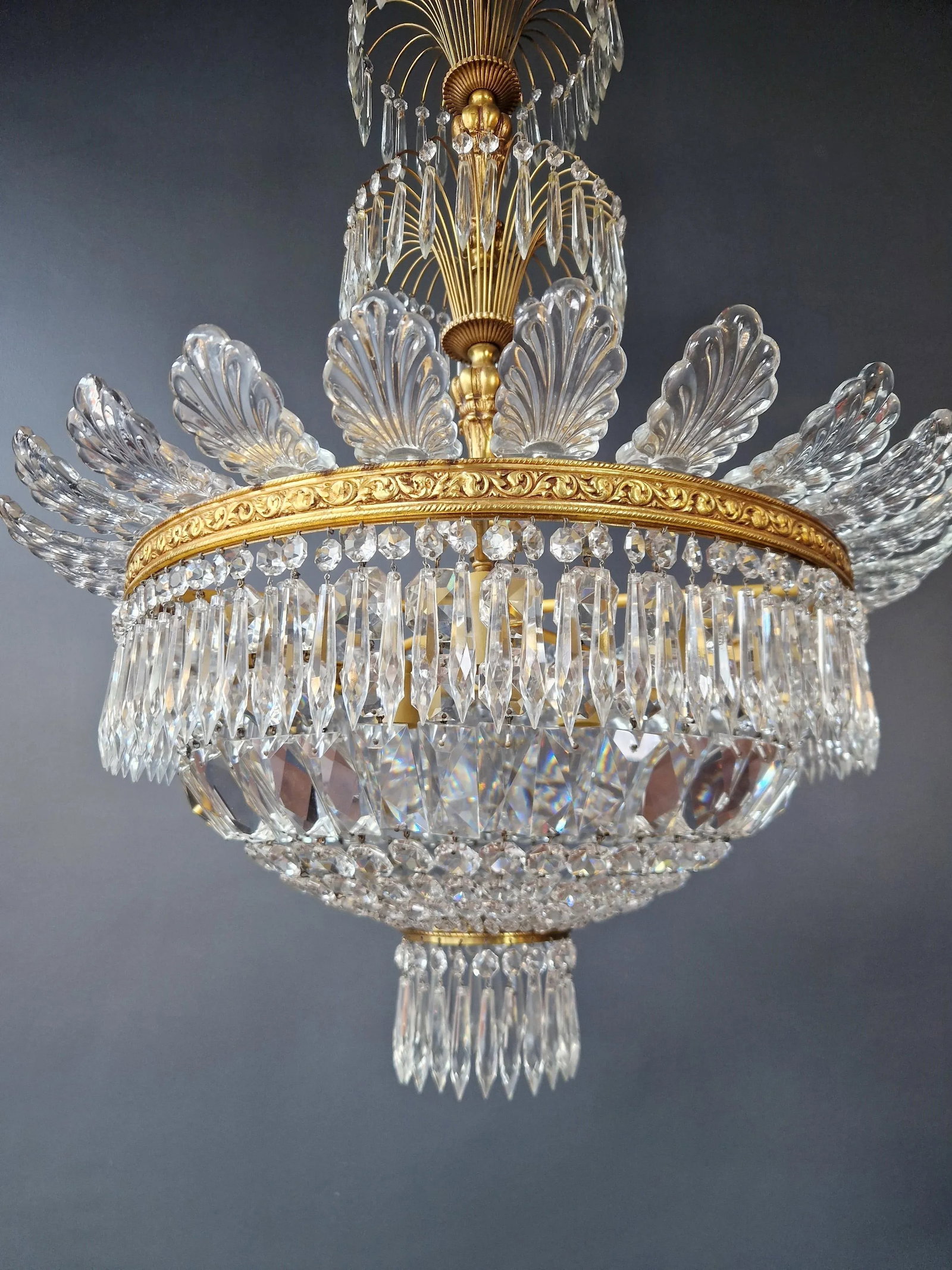 Pair 1930s Empire Brass Sac a Pearl Lustre Crystal Basket Chandeliers - 5