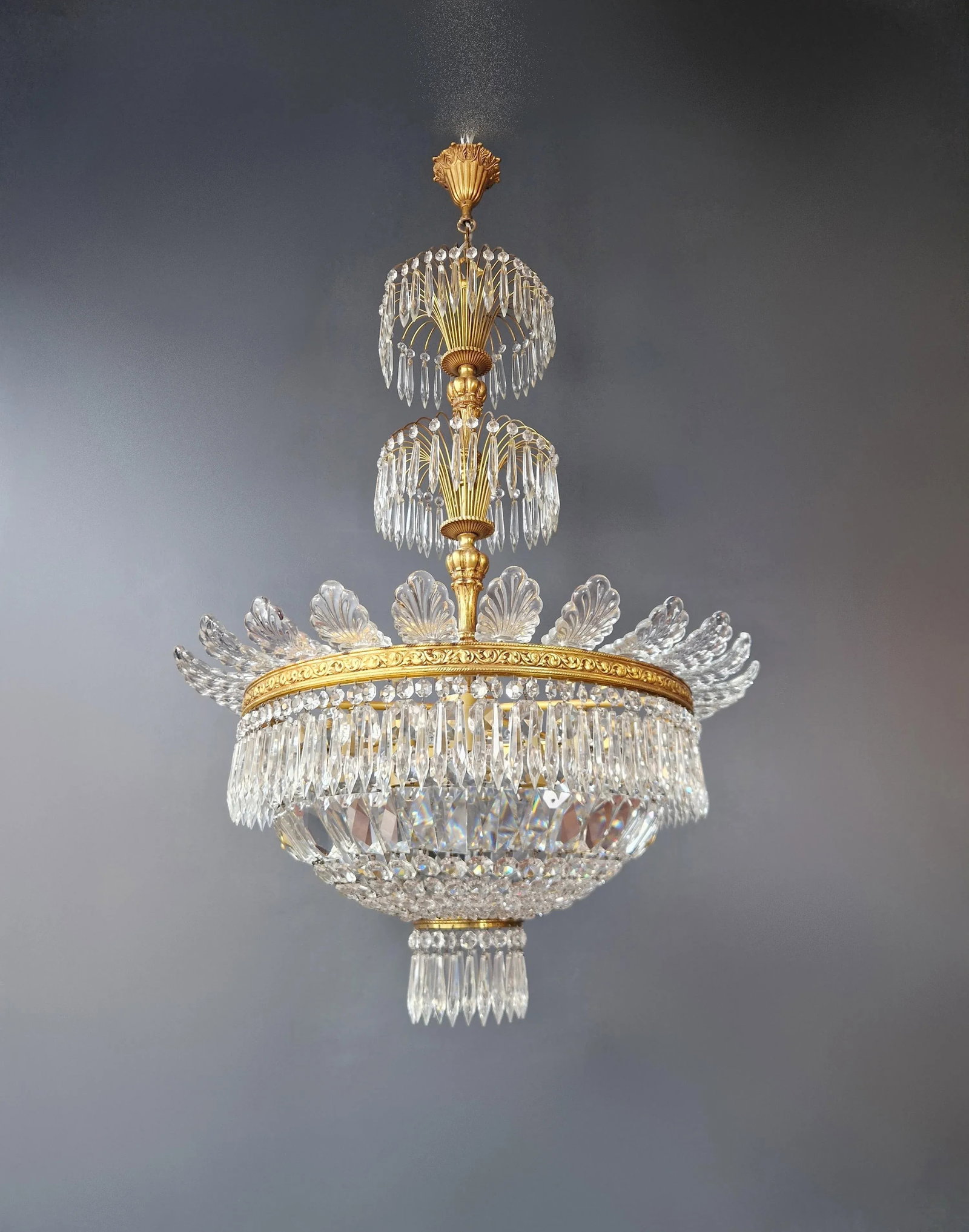 Pair 1930s Empire Brass Sac a Pearl Lustre Crystal Basket Chandeliers - 6