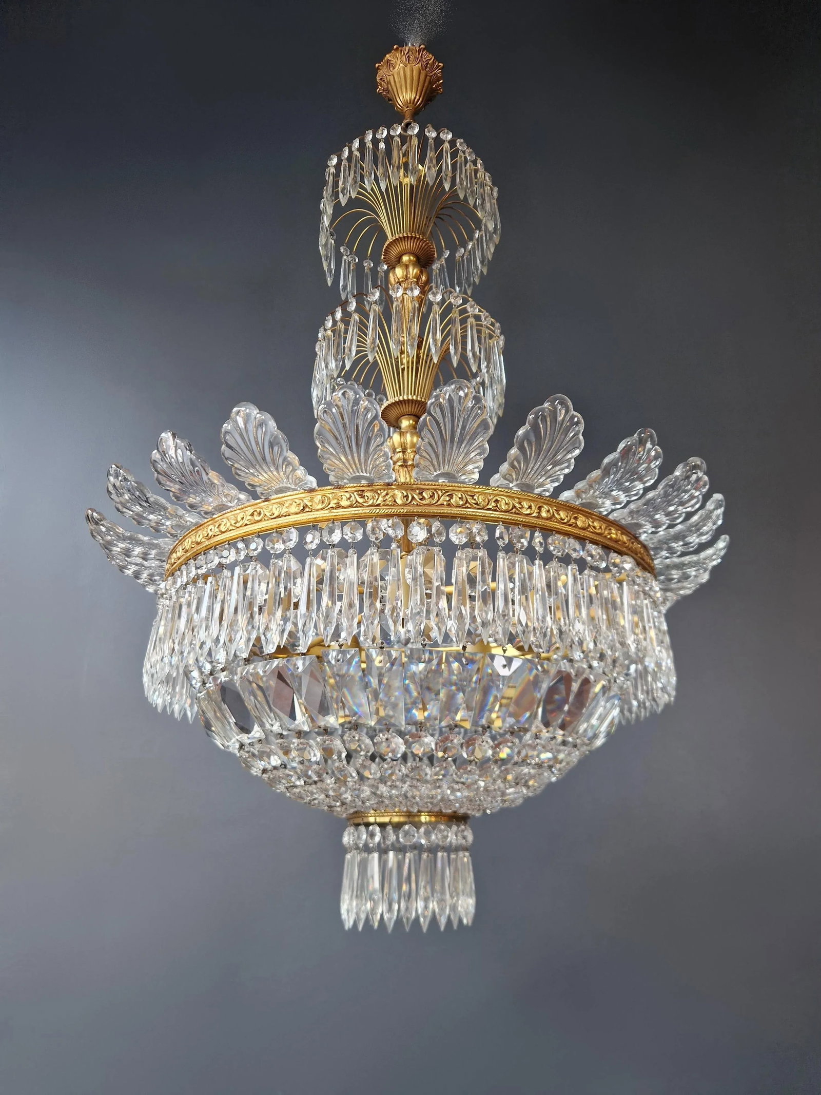 Pair 1930s Empire Brass Sac a Pearl Lustre Crystal Basket Chandeliers - 7