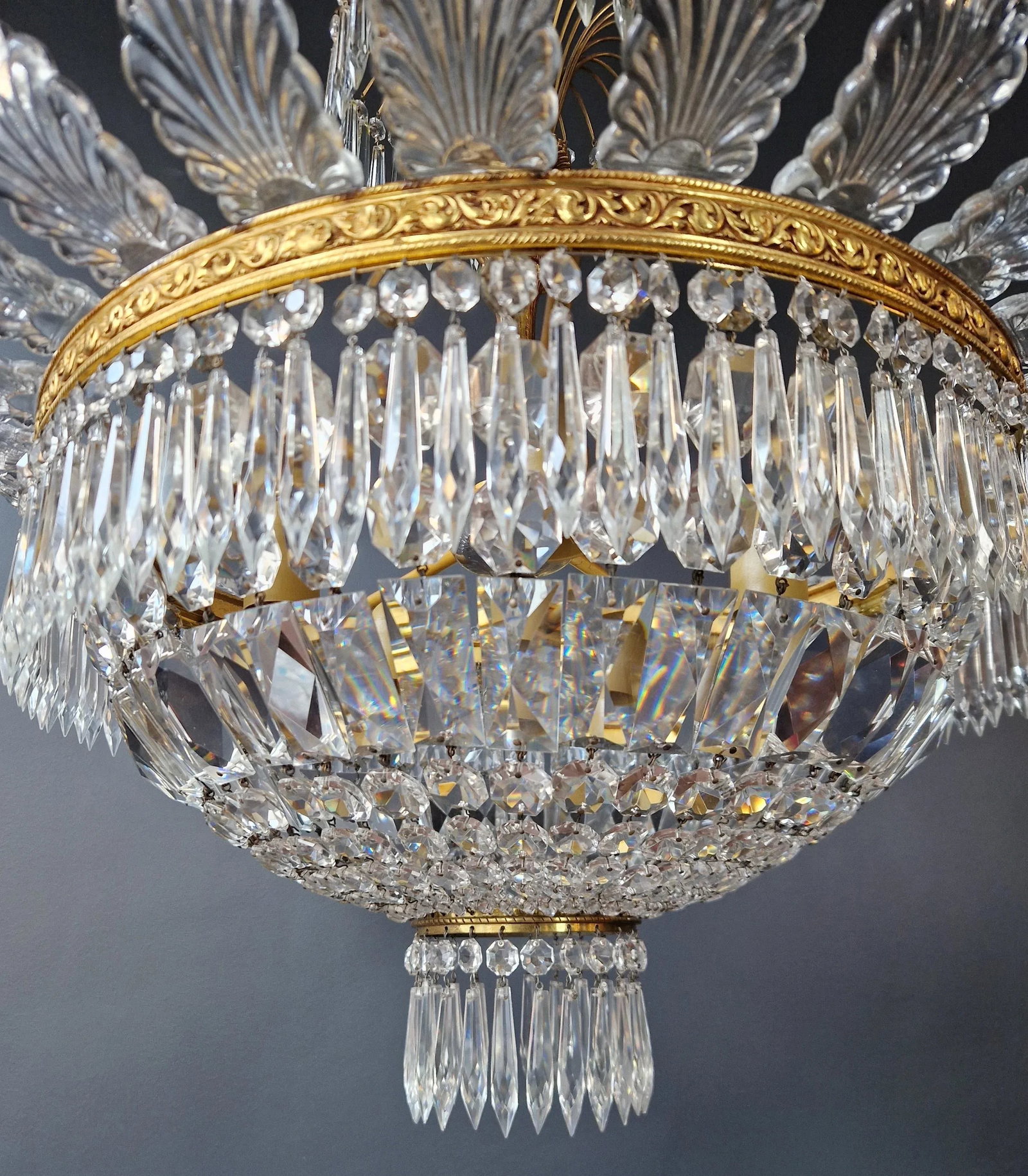 Pair 1930s Empire Brass Sac a Pearl Lustre Crystal Basket Chandeliers - 8