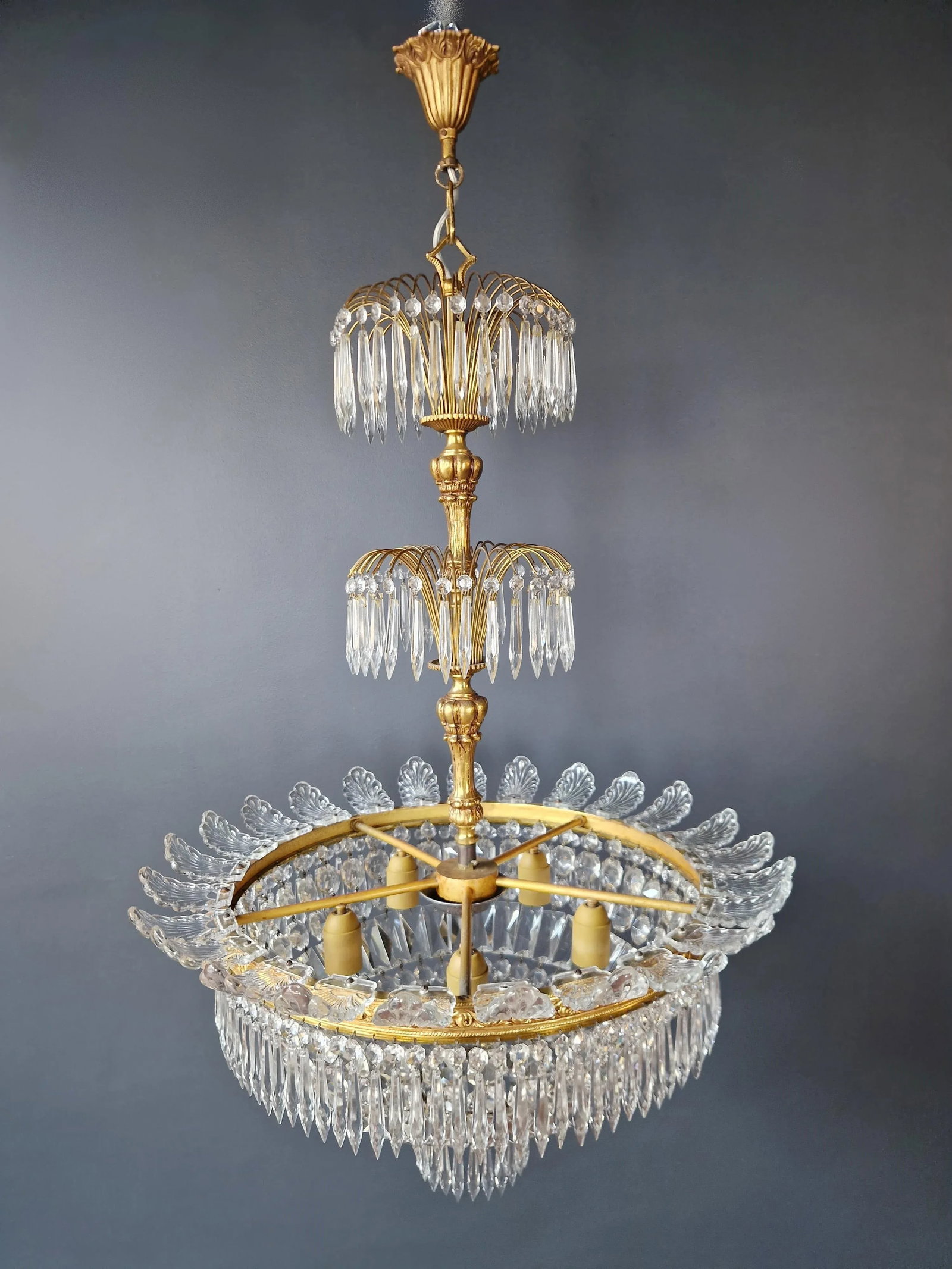 Pair 1930s Empire Brass Sac a Pearl Lustre Crystal Basket Chandeliers - 9