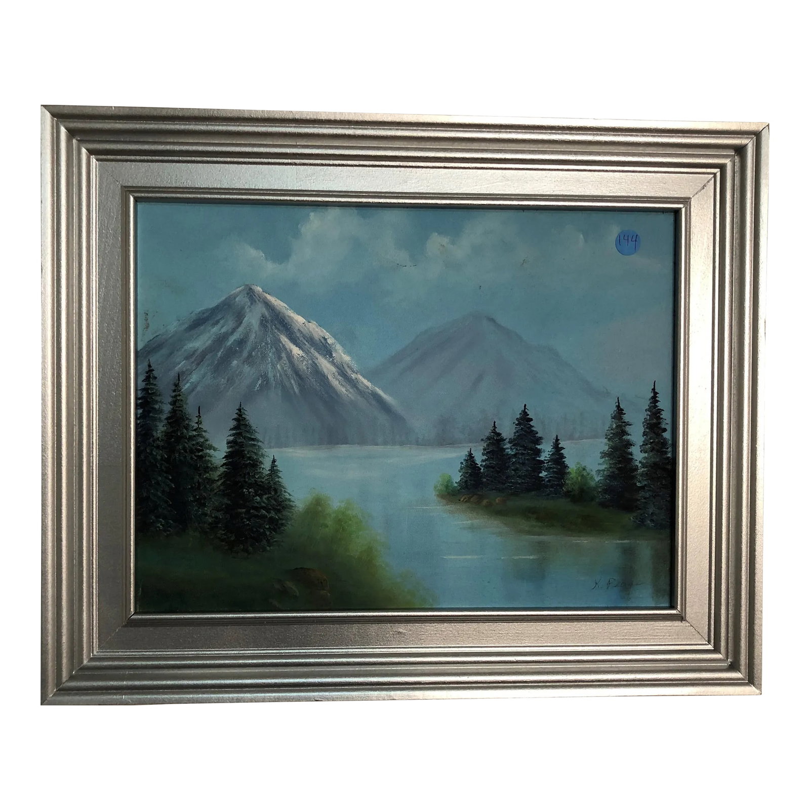 Early 20th Century Mountains Oil on Canvas Signed on the Bottom, Framed: This tranquil oil painting depicts a serene mountain landscape with a glistening lake nestled between snow-capped peaks and dense evergreen trees. Executed in oil on canvas and signed by the artist in