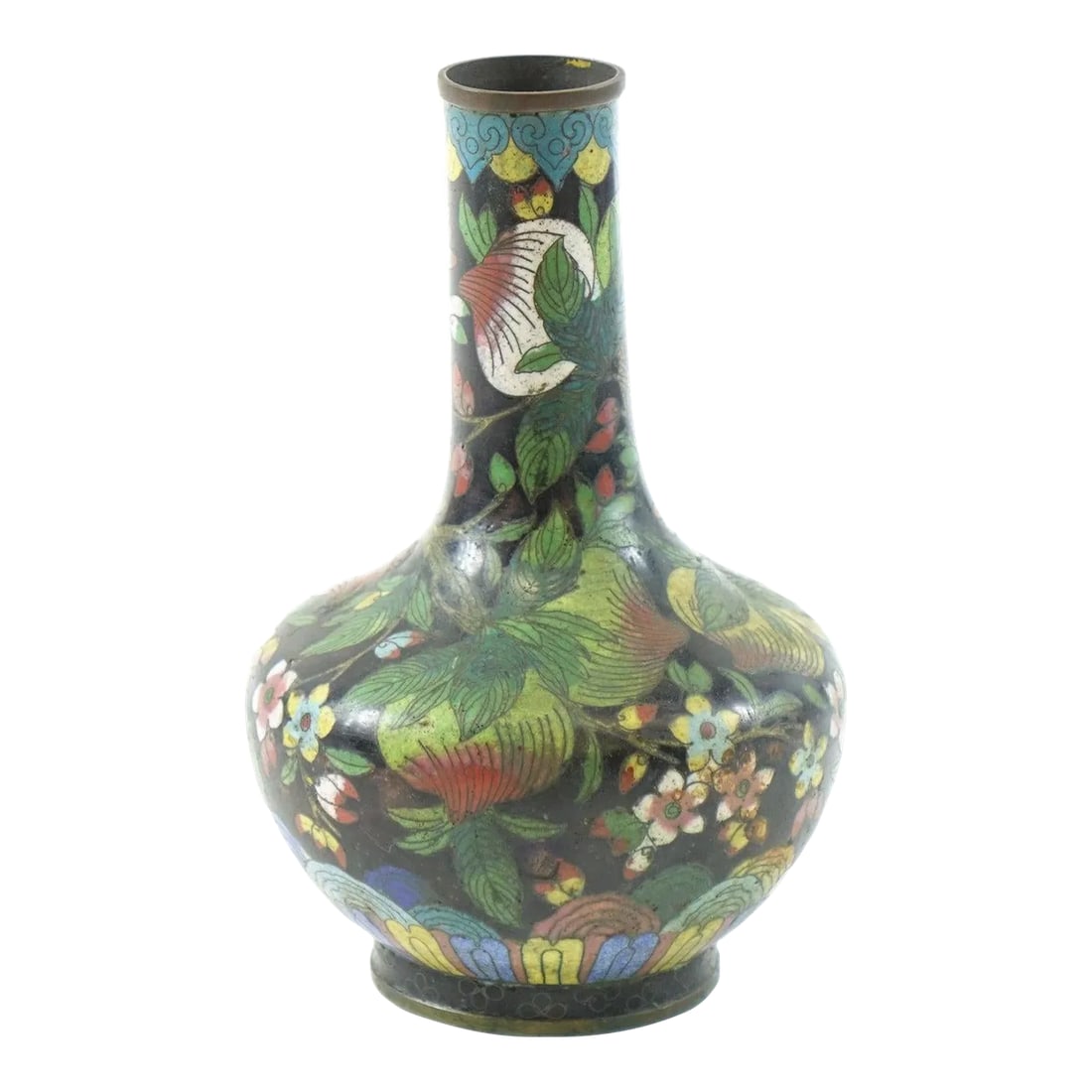 Antique Chinese Cloisonne Vase: This stunning antique Chinese cloisonné vase embodies the beauty and craftsmanship of traditional enamel work. With a rich, black background, the vase is intricately adorned with vibrant floral