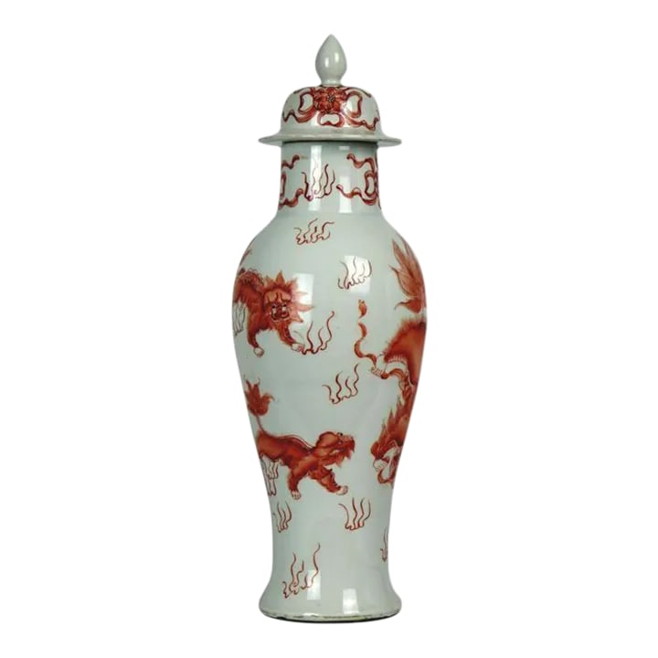 Antique Century Chinese Porcelain Jar With Lid: Antique 19th Century Chinese Porcelain Jar with Lid. White with incredible shades of red and coral foo lions, flowers and ribbons from a private colocation in Washington DC area. Condition: Alteration