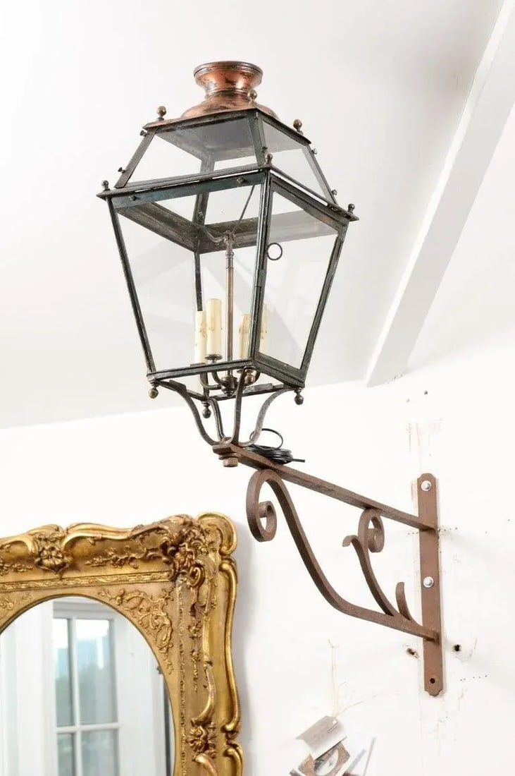 1890s French Iron and Copper Wall Lantern with Four Lights and Scrolling Bracket - 4