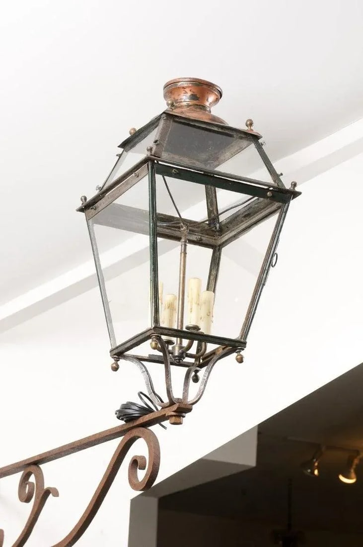 1890s French Iron and Copper Wall Lantern with Four Lights and Scrolling Bracket - 5