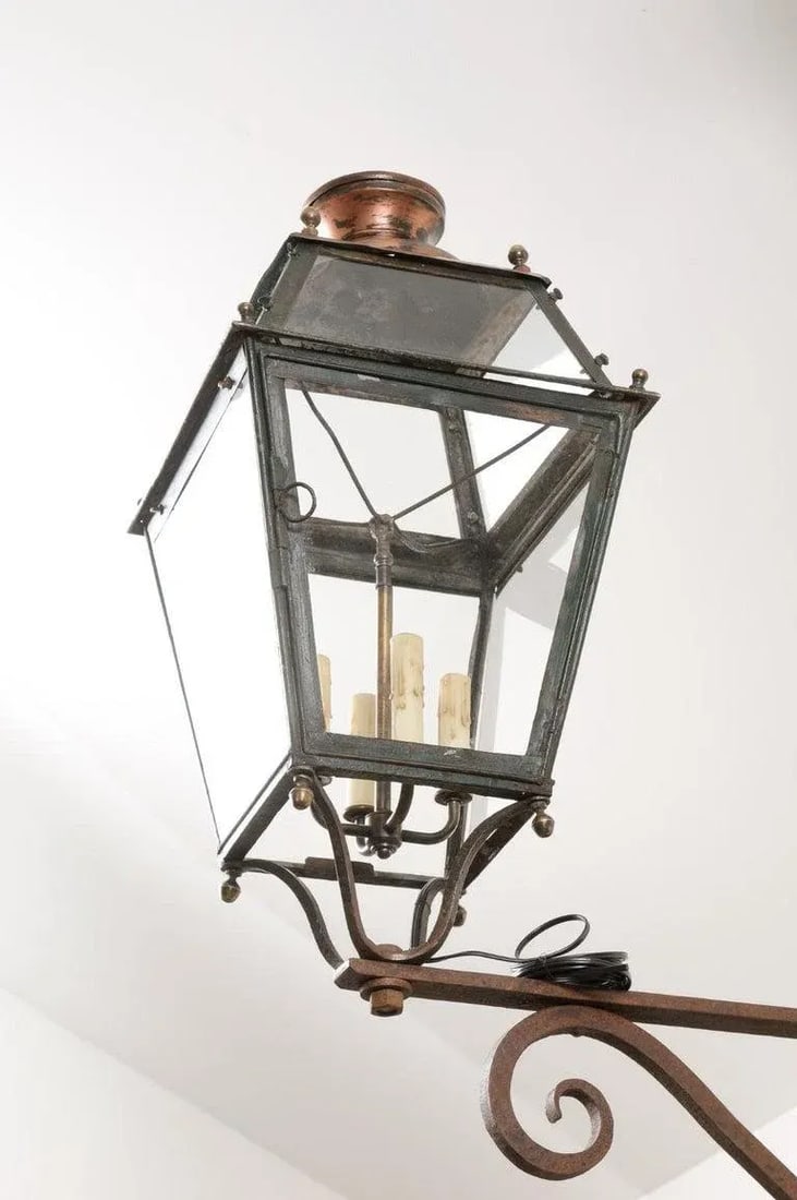1890s French Iron and Copper Wall Lantern with Four Lights and Scrolling Bracket - 6