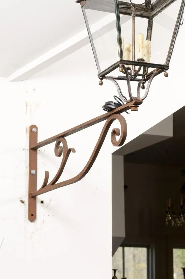 1890s French Iron and Copper Wall Lantern with Four Lights and Scrolling Bracket - 8