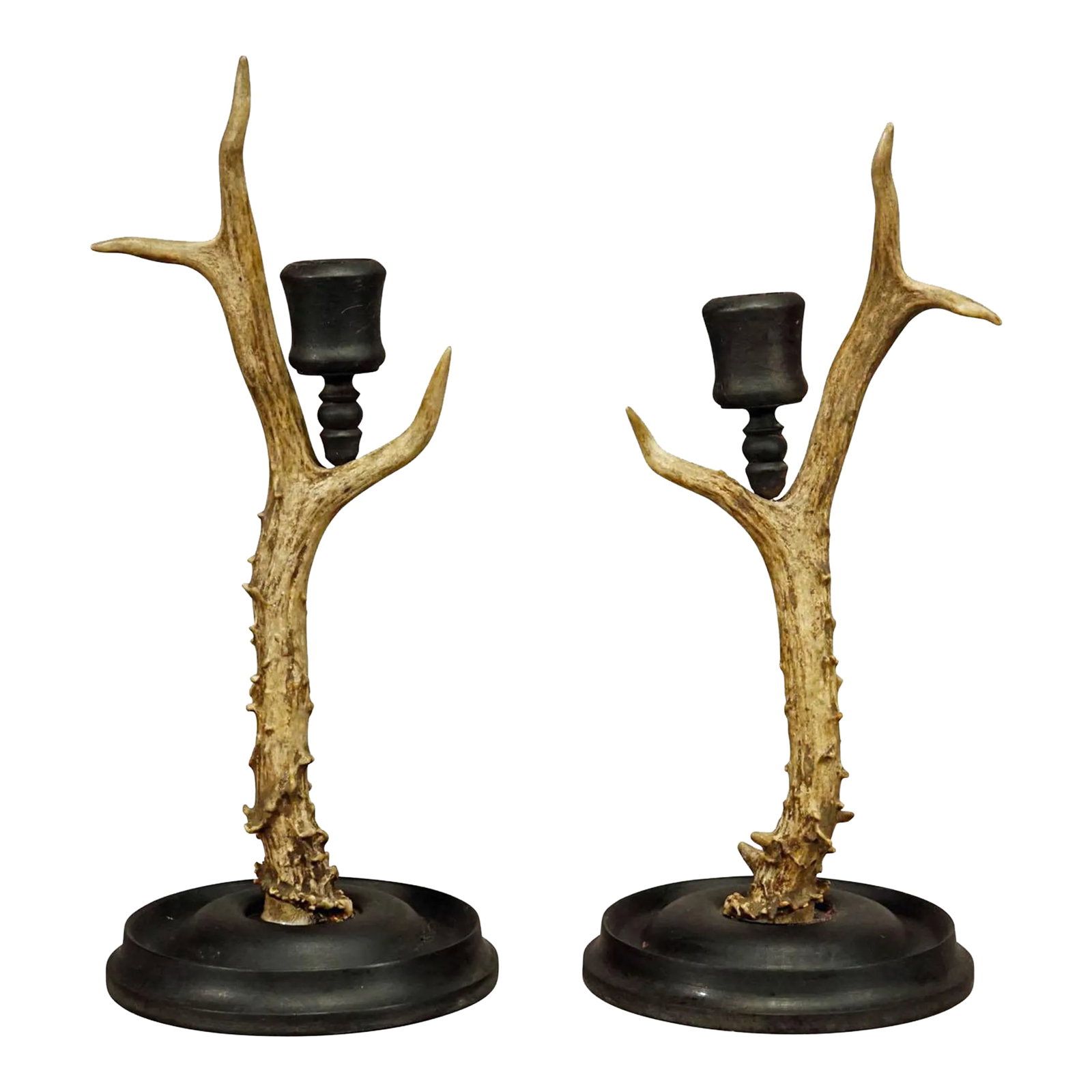A Pair Vintage Black Forest Candle Holders With Wooden Base and Spout, Germany Ca. 1930s: A Pair Vintage Black Forest Candle Holders with Wooden Base and Spout, Germany ca. 1930s An pair of Black Forest candle holders with wooden turned base and spouts. Each made with an original deer horn
