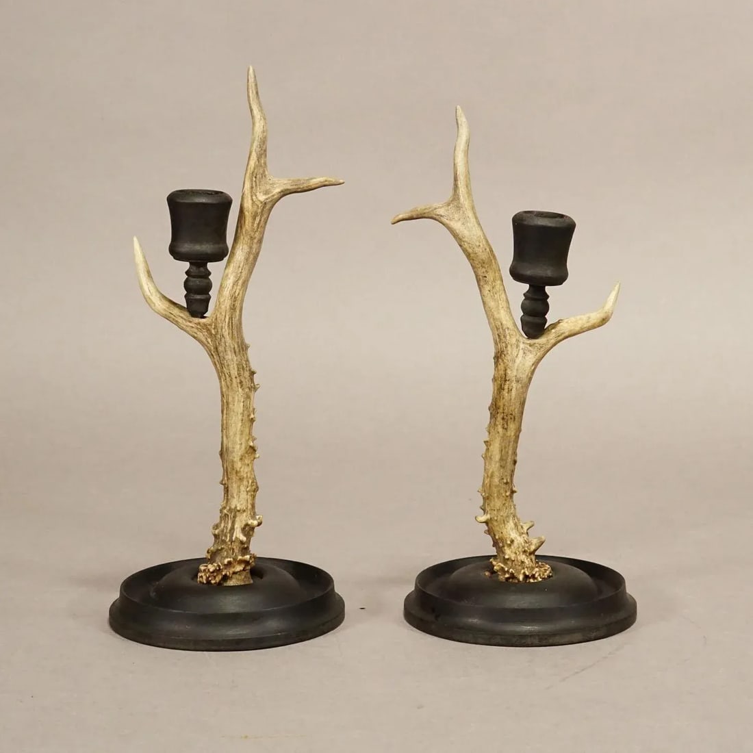 A Pair Vintage Black Forest Candle Holders With Wooden Base and Spout, Germany Ca. 1930s - 2