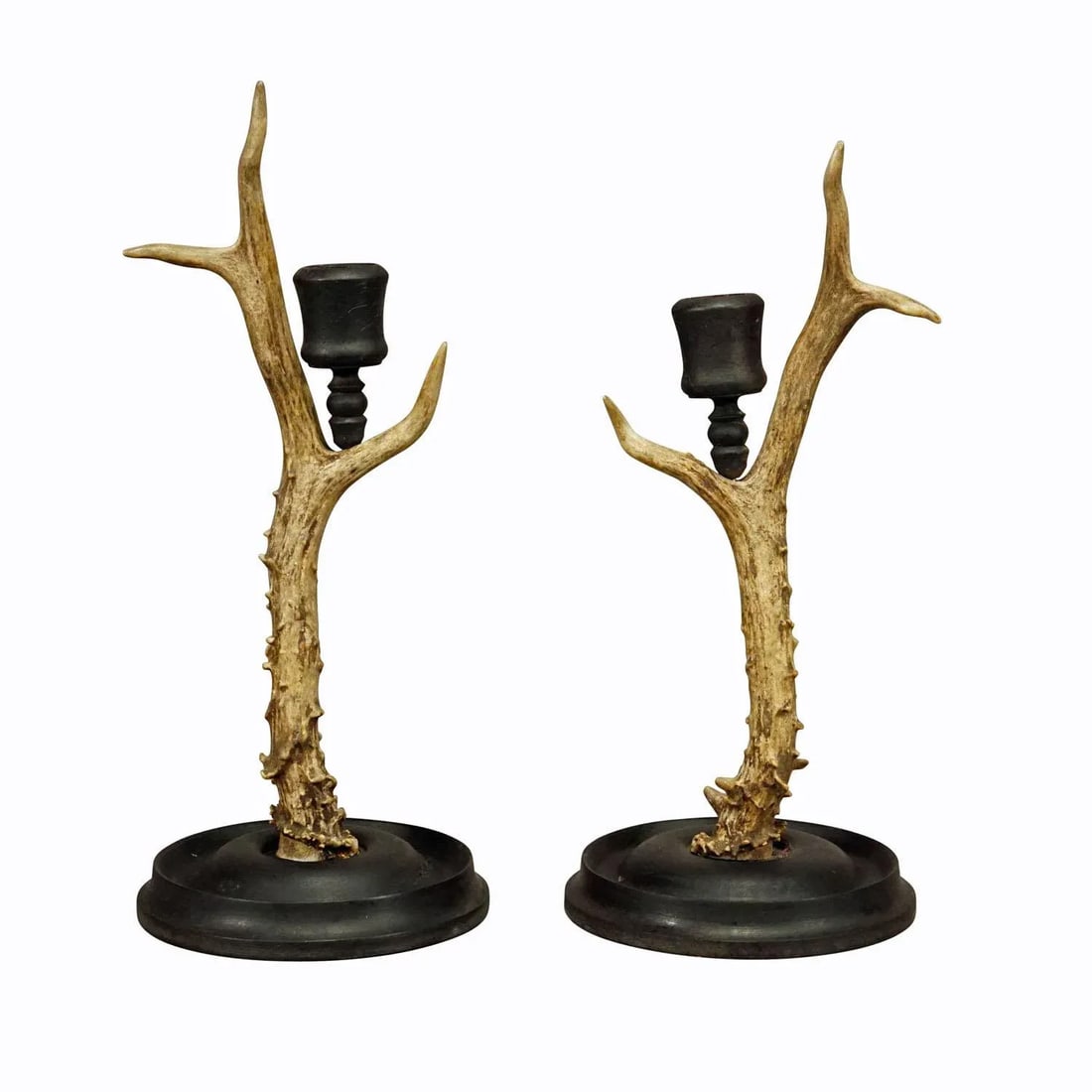 A Pair Vintage Black Forest Candle Holders With Wooden Base and Spout, Germany Ca. 1930s - 7