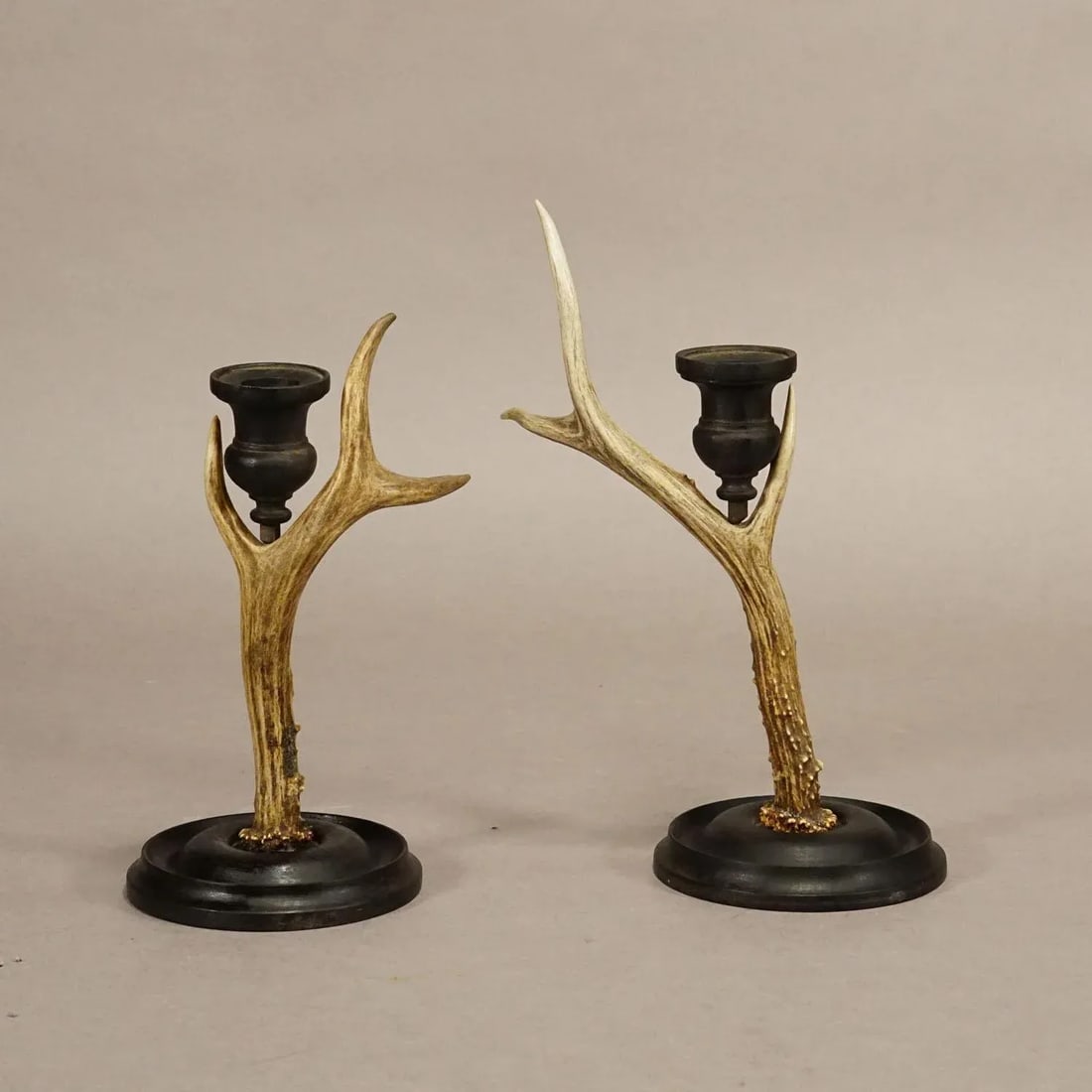 A Pair Vintage Black Forest Candle Holders With Wooden Base and Spout, Germany Ca. 1930s - 2