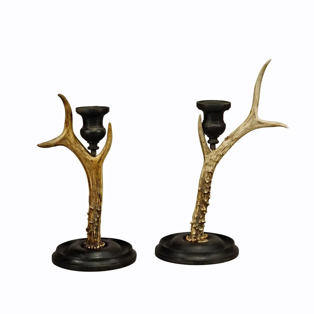 A Pair Vintage Black Forest Candle Holders With Wooden Base and Spout, Germany Ca. 1930s - 7